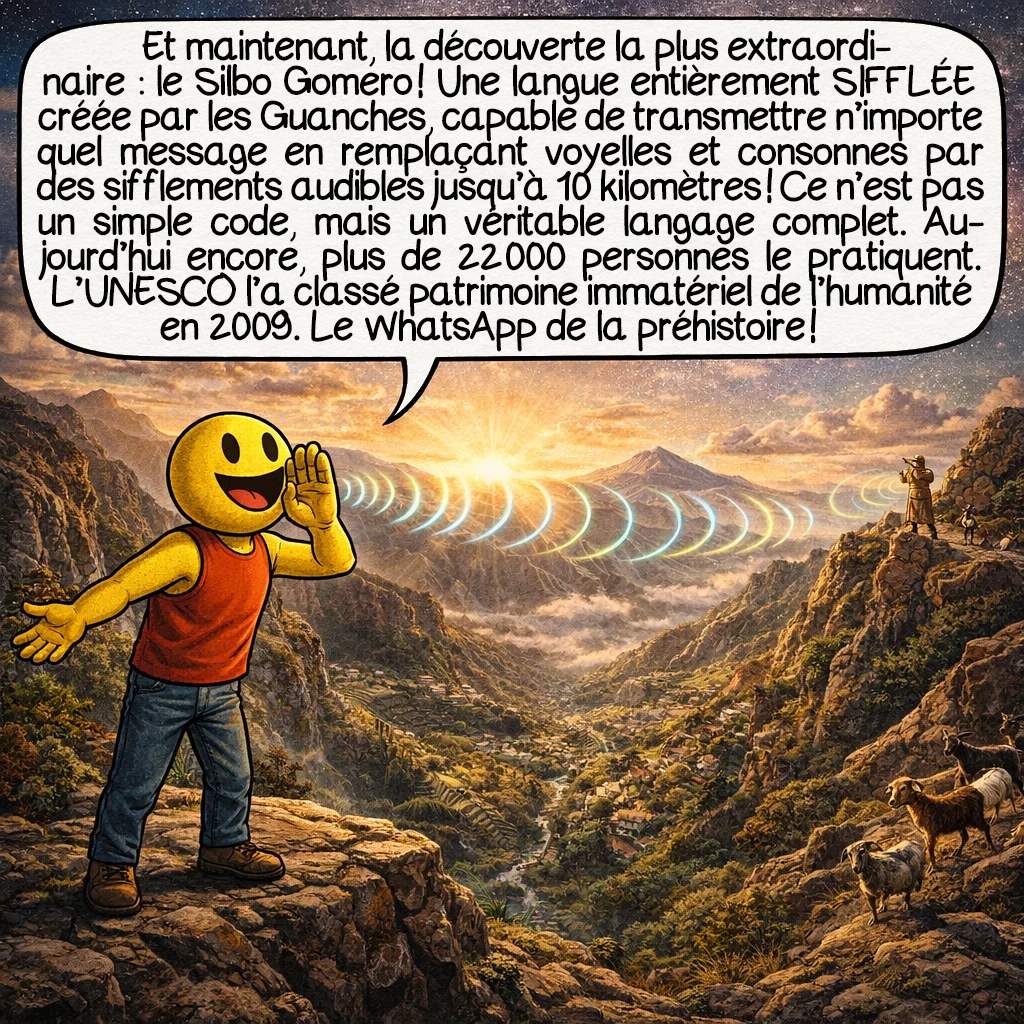 Les Guanches, case 7 : Et maintenant, la découverte la plus extraordinaire : le Silbo Gomero ! Une langue entièrement SIFFLÉE créée par les Guanches, capable de transmettre n’importe quel message en remplaçant voyelles et consonnes par des sifflements audibles jusqu’à 10 kilomètres ! Ce n’est pas un simple code, mais un véritable langage complet. Aujourd’hui encore, plus de 22 000 personnes le pratiquent. L’UNESCO l’a classé patrimoine immatériel de l’humanité en 2009. Le WhatsApp de la préhistoire !