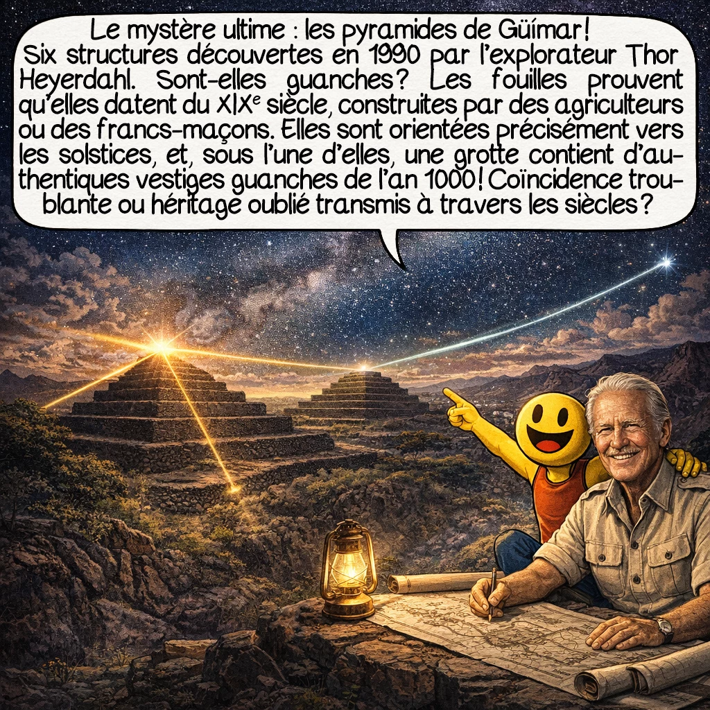 Les Guanches, case 8 : Le mystère ultime : les pyramides de Güímar ! Six structures découvertes en 1990 par l’explorateur Thor Heyerdahl. Sont-elles guanches ? Les fouilles prouvent qu’elles datent du 19e siècle, construites par des agriculteurs ou des francs-maçons. Mais… elles sont orientées précisément vers les solstices, et, sous l’une d’elles, une grotte contient d’authentiques vestiges guanches de l’an 1000 ! Coïncidence troublante ou héritage oublié transmis à travers les siècles ?