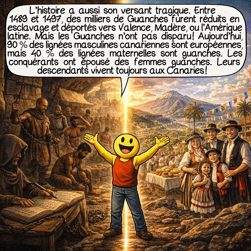 Les Guanches, case 9 : L’histoire a aussi son versant tragique. Entre 1489 et 1497, des milliers de Guanches furent réduits en esclavage et déportés vers Valence, Madère, et même l’Amérique latine. Mais voici la révélation génétique : les Guanches n’ont pas disparu ! Aujourd’hui, 90 % des lignées masculines canariennes sont européennes, mais 40 % des lignées maternelles sont guanches. Les conquérants ont épousé des femmes guanches. Leurs descendants vivent toujours aux Canaries !