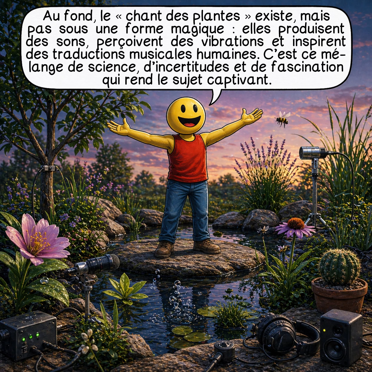 Le chant des plantes, case 10 : Au fond, le « chant des plantes » existe, mais pas sous la forme magique qu’on imagine souvent. Les plantes émettent des sons physiques, perçoivent certaines vibrations et inspirent aussi des traductions musicales humaines. C’est justement ce mélange de science solide, de zones d’ombre et de fascination culturelle qui rend le sujet si captivant.
