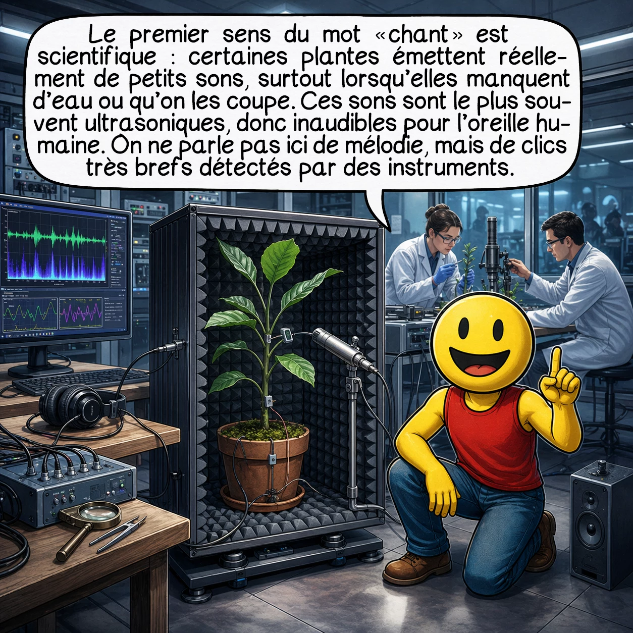 Le chant des plantes, case 2 : Le premier sens du mot « chant » est scientifique : certaines plantes émettent réellement de petits sons, surtout lorsqu’elles manquent d’eau ou qu’on les coupe. Ces sons sont le plus souvent ultrasoniques, donc inaudibles pour l’oreille humaine. On ne parle pas ici de mélodie, mais de clics très brefs détectés par des instruments.