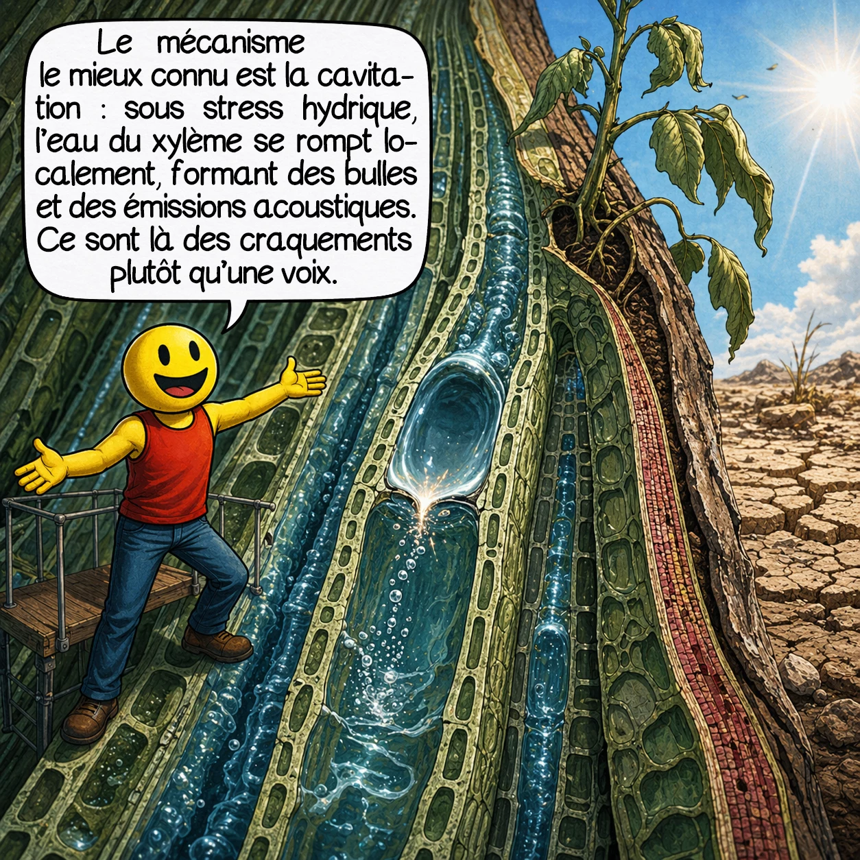Le chant des plantes, case 3 : Le mécanisme le mieux connu s’appelle la cavitation. Quand la plante subit un fort stress hydrique, la circulation d’eau dans le xylème peut se rompre par endroits, créant de minuscules bulles et des émissions acoustiques. Autrement dit, ces sons ressemblent davantage à des craquements hydrauliques qu’à une voix.