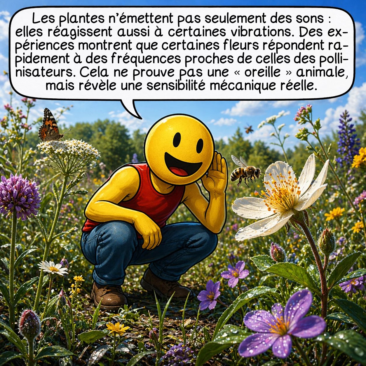 Le chant des plantes, case 5 : Deuxième sens du sujet : les plantes ne font pas qu’émettre des sons, elles peuvent aussi réagir à certaines vibrations ou à certains sons de leur environnement. Des expériences ont montré que certaines fleurs répondent rapidement à des fréquences proches de celles des pollinisateurs. Cela ne prouve pas une « oreille » animale, mais une sensibilité mécanique bien réelle.