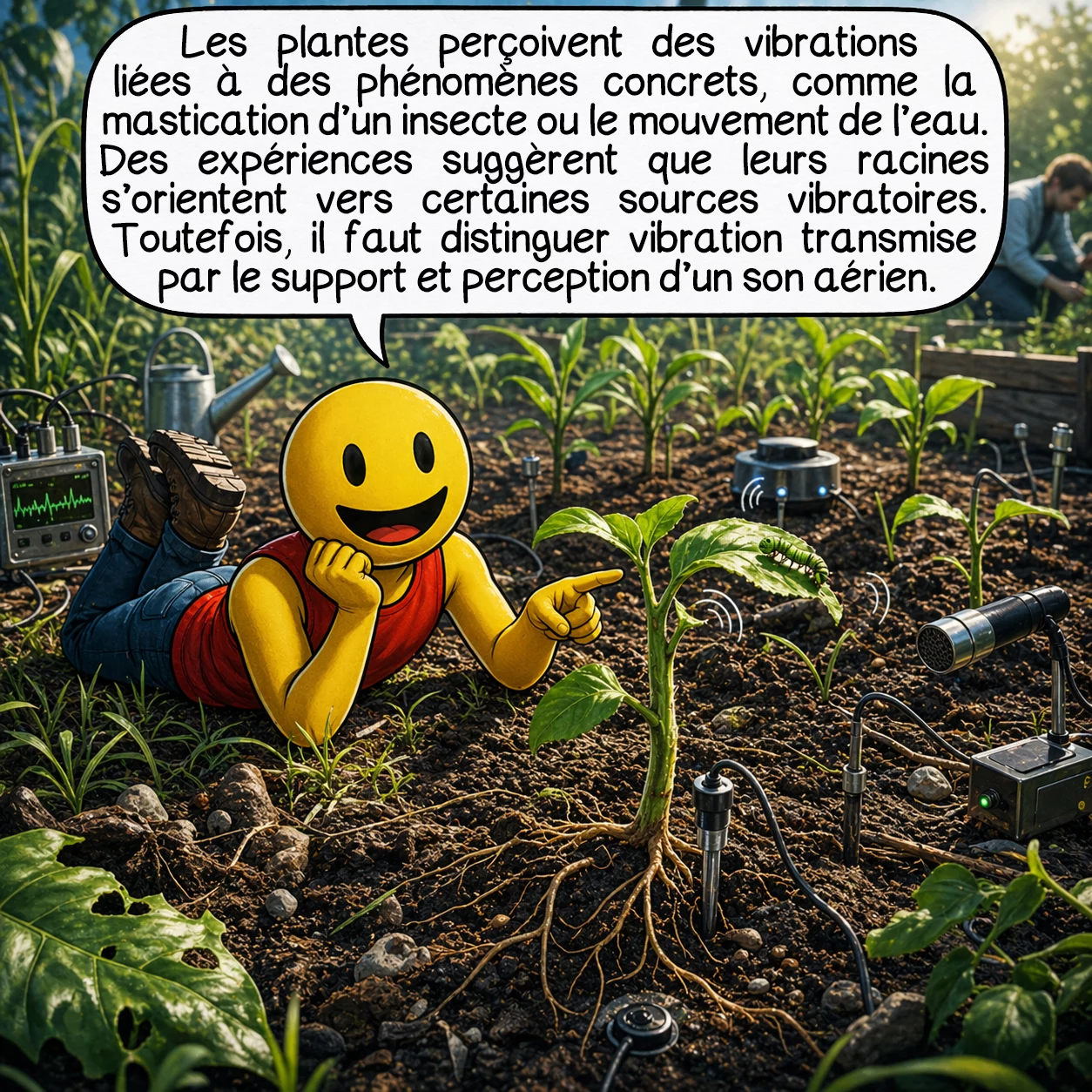 Le chant des plantes, case 6 : Les plantes perçoivent aussi des vibrations liées à des situations très concrètes, comme la mastication d’un insecte ou parfois le mouvement de l’eau. Certaines expériences suggèrent que les racines s’orientent vers certaines sources vibratoires. Mais il faut rester prudent : entre vibration transmise par le support et véritable perception d’un son aérien, la différence est importante.