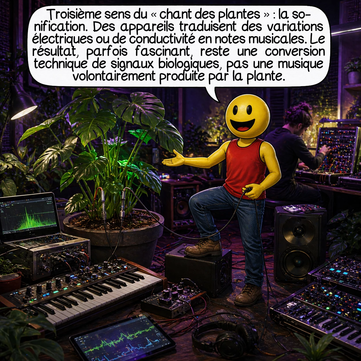 Le chant des plantes, case 7 : Troisième sens du « chant des plantes » : la sonification. Des appareils transforment certaines variations électriques ou de conductivité d’une plante en notes musicales. Le résultat peut être beau et fascinant, mais ce n’est pas une preuve que la plante compose volontairement de la musique : c’est une traduction technique de signaux biologiques.