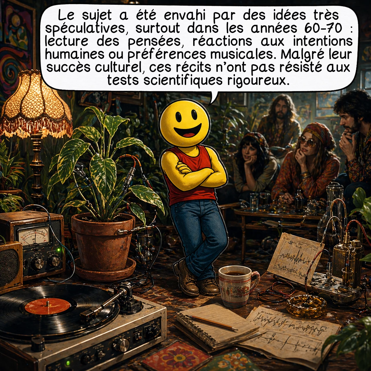 Le chant des plantes, case 8 : Le sujet a aussi été envahi par des idées très spéculatives, surtout dans les années 1960 et 1970. Certains ont cru que les plantes lisaient les pensées, réagissaient aux intentions humaines ou préféraient certains styles musicaux. Ces récits ont eu un énorme succès culturel, mais ils n’ont pas résisté aux tests scientifiques rigoureux.