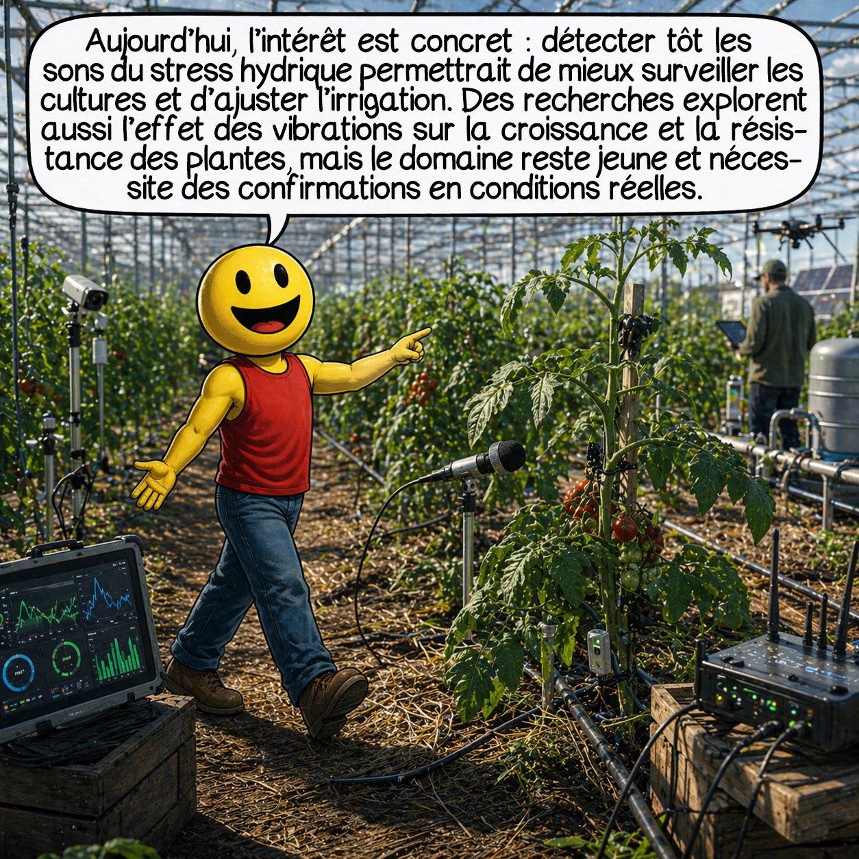 Le chant des plantes, case 9 : Aujourd’hui, l’intérêt principal est très concret : si l’on détecte tôt les sons liés au stress hydrique, on pourrait mieux surveiller l’état des cultures et ajuster l’irrigation. Des recherches testent aussi l’effet de certaines vibrations sur la croissance ou la résistance des plantes. Mais le domaine reste jeune, et beaucoup de résultats doivent encore être confirmés en conditions réelles.