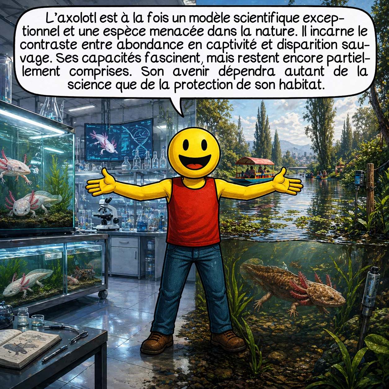L’axolotl, case 10 : L’axolotl est à la fois un modèle scientifique exceptionnel et une espèce menacée dans la nature. Il incarne le contraste entre abondance en captivité et disparition sauvage. Ses capacités fascinent, mais restent encore partiellement comprises. Son avenir dépendra autant de la science que de la protection de son habitat.