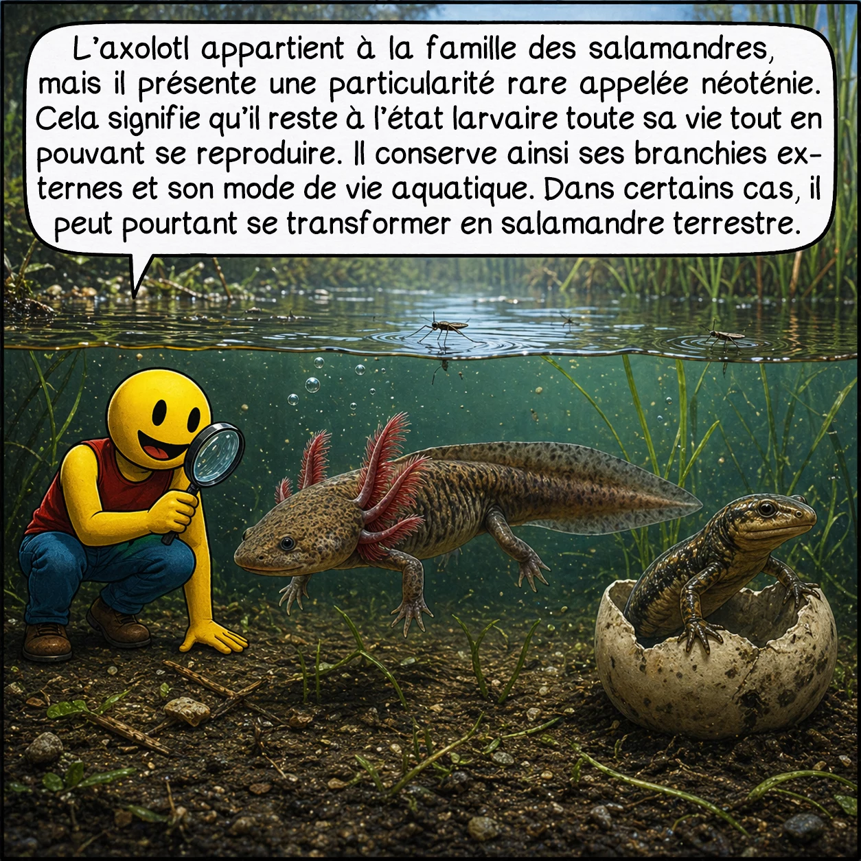 L’axolotl, case 2 : L’axolotl appartient à la famille des salamandres, mais il présente une particularité rare appelée néoténie. Cela signifie qu’il reste à l’état larvaire toute sa vie tout en pouvant se reproduire. Il conserve ainsi ses branchies externes et son mode de vie aquatique. Dans certains cas, il peut pourtant se transformer en salamandre terrestre.