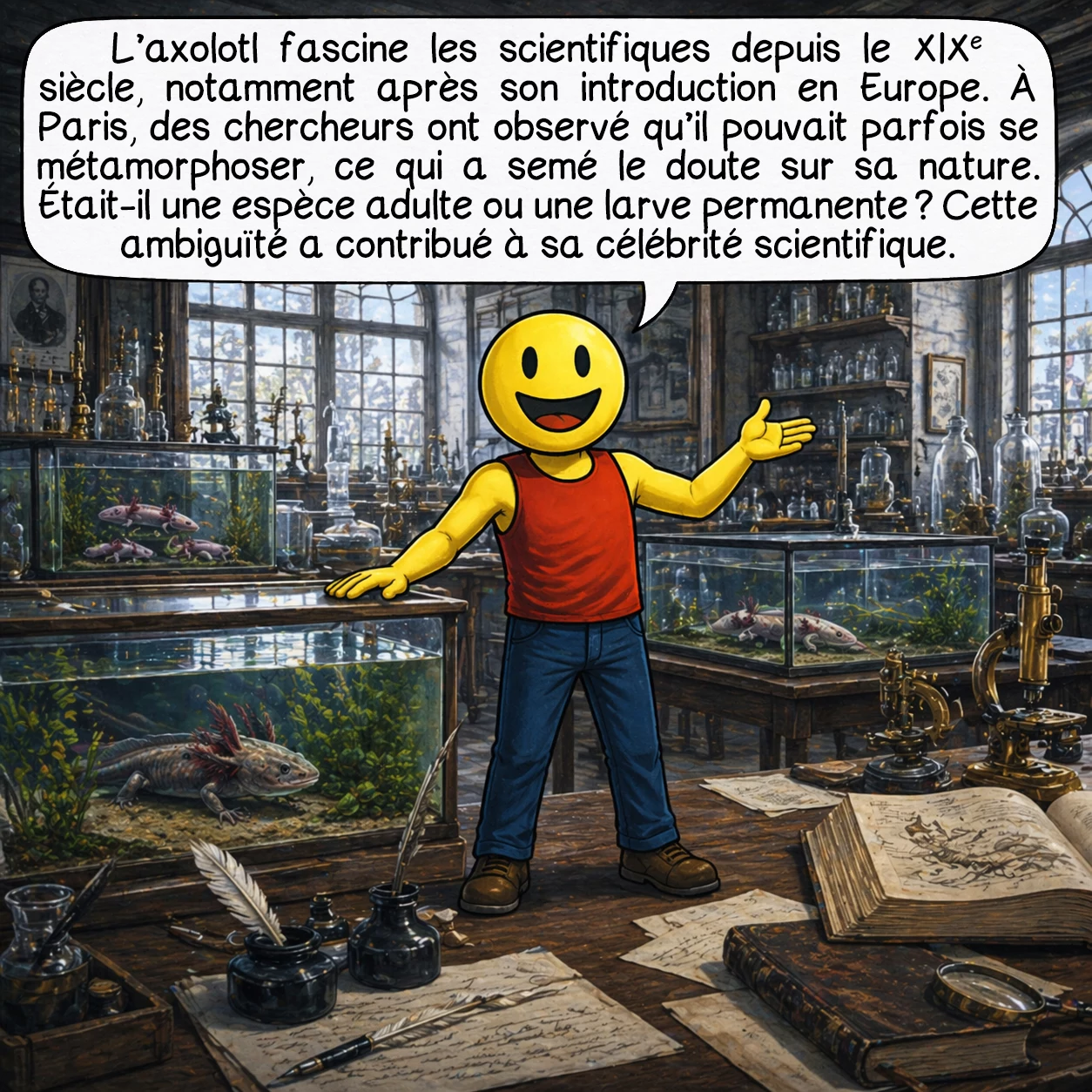 L’axolotl, case 3 : L’axolotl fascine les scientifiques depuis le XIXe siècle, notamment après son introduction en Europe. À Paris, des chercheurs ont observé qu’il pouvait parfois se métamorphoser, ce qui a semé le doute sur sa nature. Était-il une espèce adulte ou une larve permanente ? Cette ambiguïté a contribué à sa célébrité scientifique.