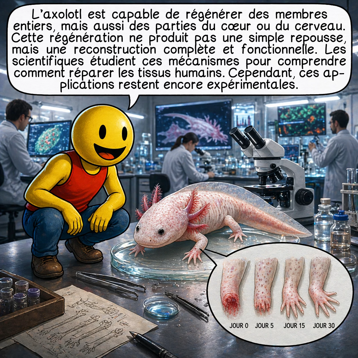 L’axolotl, case 4 : L’axolotl est capable de régénérer des membres entiers, mais aussi des parties du cœur ou du cerveau. Cette régénération ne produit pas une simple repousse, mais une reconstruction complète et fonctionnelle. Les scientifiques étudient ces mécanismes pour comprendre comment réparer les tissus humains. Cependant, ces applications restent encore expérimentales.