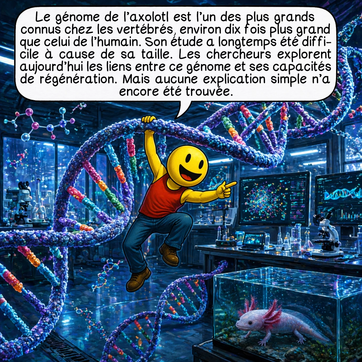 L’axolotl, case 5 : Le génome de l’axolotl est l’un des plus grands connus chez les vertébrés, environ dix fois plus grand que celui de l’humain. Son étude a longtemps été difficile à cause de sa taille. Les chercheurs explorent aujourd’hui les liens entre ce génome et ses capacités de régénération. Mais aucune explication simple n’a encore été trouvée.