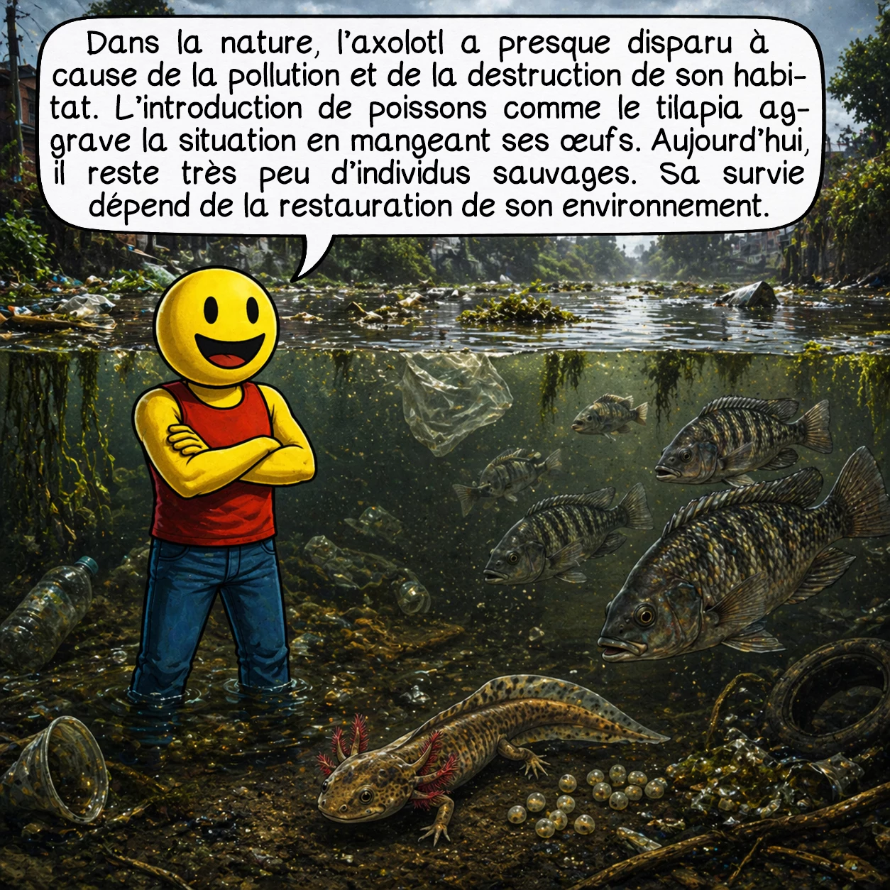 L’axolotl, case 6 : Dans la nature, l’axolotl a presque disparu à cause de la pollution et de la destruction de son habitat. L’introduction de poissons comme le tilapia aggrave la situation en mangeant ses œufs. Aujourd’hui, il reste très peu d’individus sauvages. Sa survie dépend de la restauration de son environnement.
