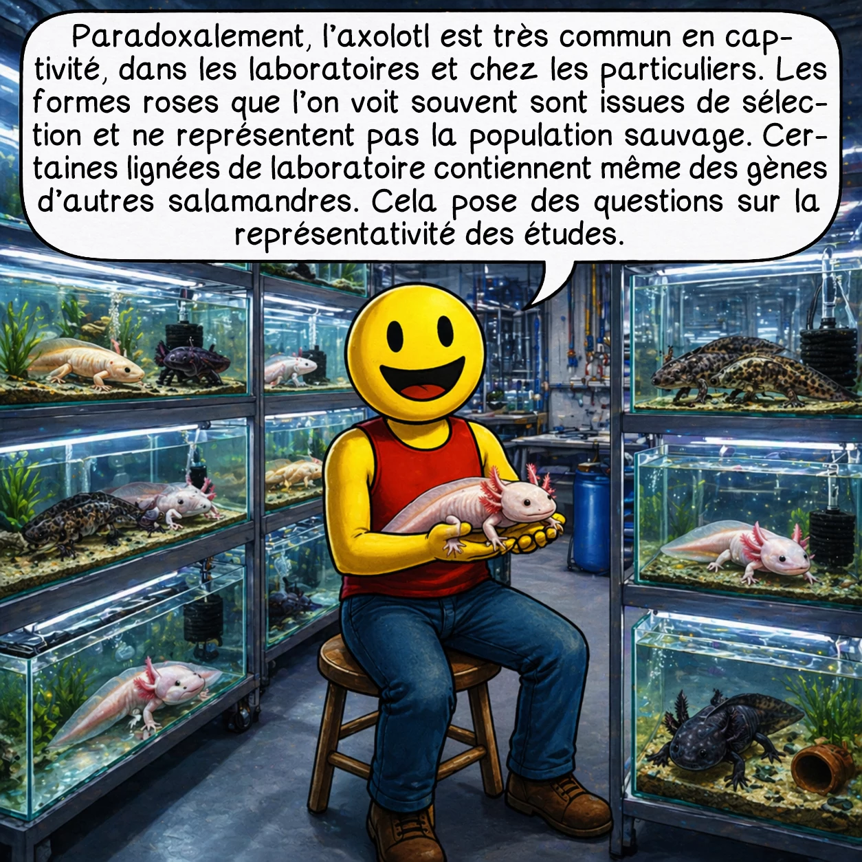 L’axolotl, case 7 : Paradoxalement, l’axolotl est très commun en captivité, dans les laboratoires et chez les particuliers. Les formes roses que l’on voit souvent sont issues de sélection et ne représentent pas la population sauvage. Certaines lignées de laboratoire contiennent même des gènes d’autres salamandres. Cela pose des questions sur la représentativité des études.