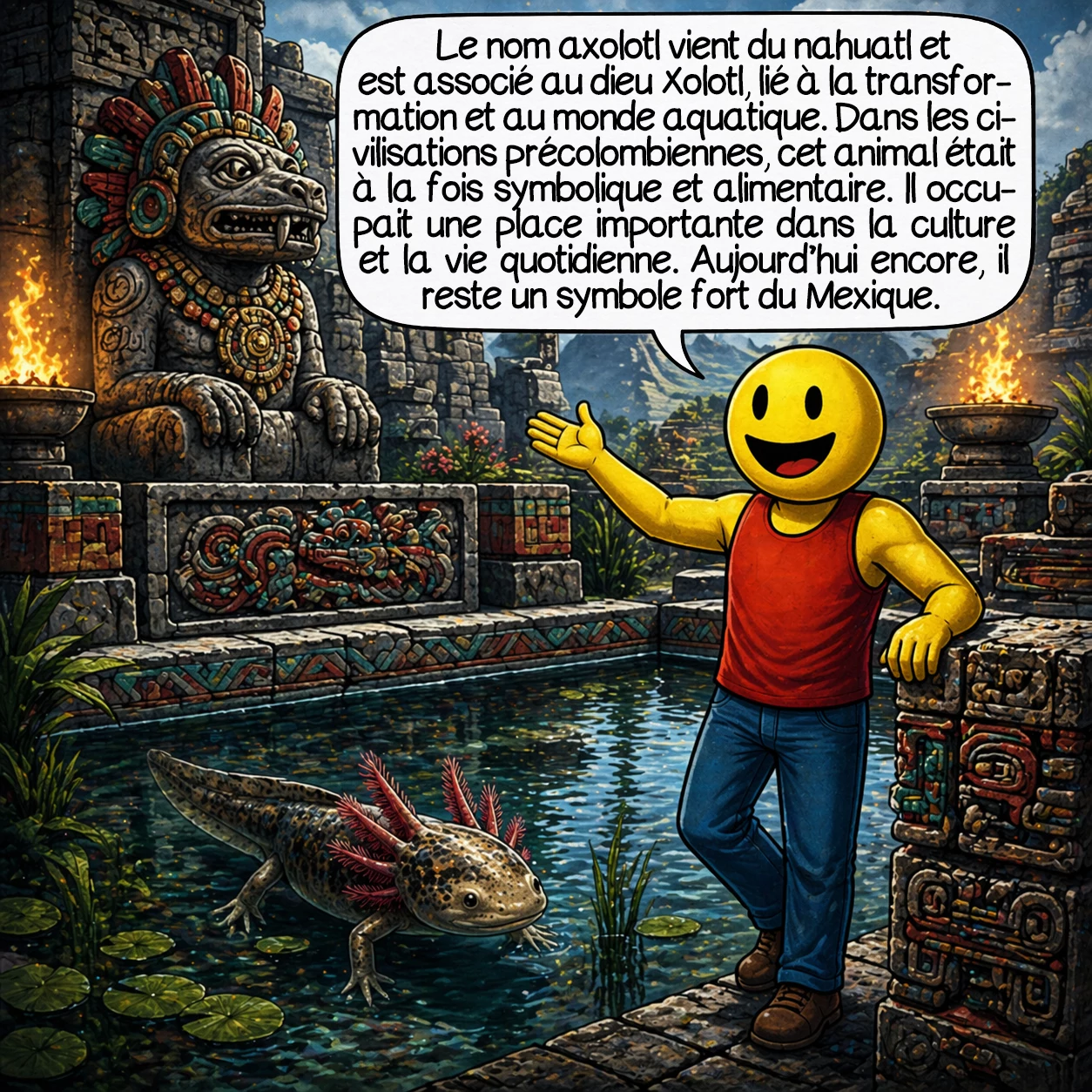 L’axolotl, case 8 : Le nom axolotl vient du nahuatl et est associé au dieu Xolotl, lié à la transformation et au monde aquatique. Dans les civilisations précolombiennes, cet animal était à la fois symbolique et alimentaire. Il occupait une place importante dans la culture et la vie quotidienne. Aujourd’hui encore, il reste un symbole fort du Mexique.