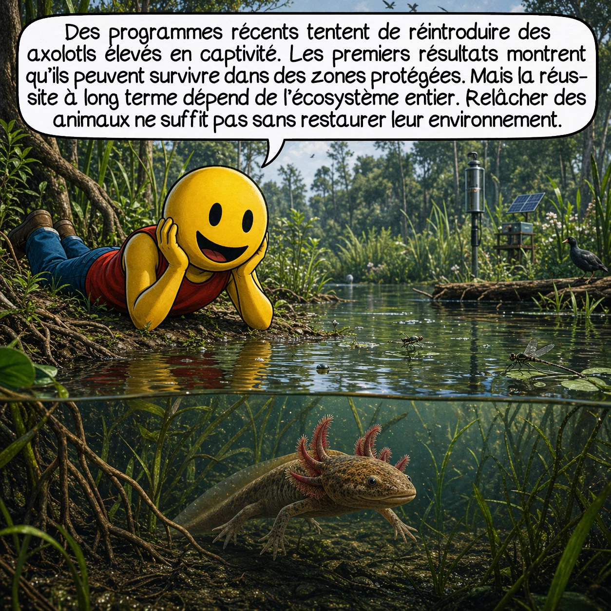 L’axolotl, case 9 : Des programmes récents tentent de restaurer les habitats naturels et de réintroduire des axolotls élevés en captivité. Les premiers résultats montrent qu’ils peuvent survivre dans des zones protégées. Mais la réussite à long terme dépend de l’écosystème entier. Relâcher des animaux ne suffit pas sans restaurer leur environnement.