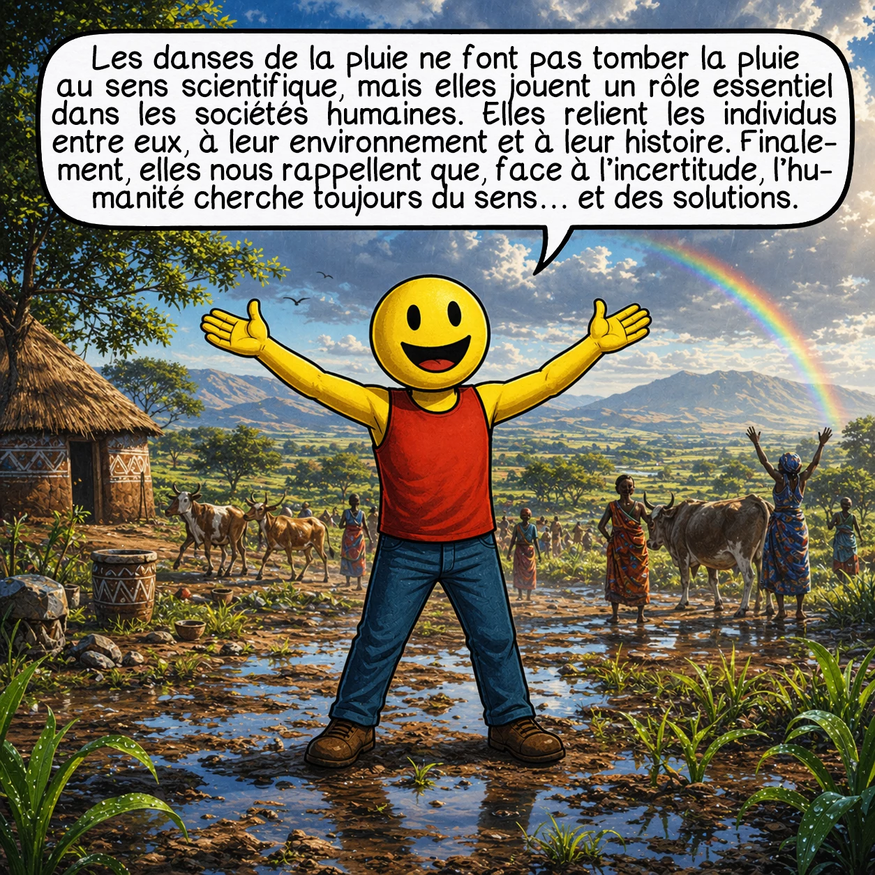 La danse de la pluie, case 10 : Les danses de la pluie ne font pas tomber la pluie au sens scientifique, mais elles jouent un rôle essentiel dans les sociétés humaines. Elles relient les individus entre eux, à leur environnement et à leur histoire. Finalement, elles nous rappellent que, face à l’incertitude, l’humanité cherche toujours du sens… et des solutions.