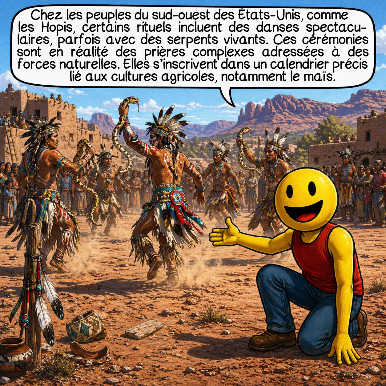La danse de la pluie, case 2 : Chez les peuples du sud-ouest des États-Unis, comme les Hopis, certains rituels incluent des danses spectaculaires, parfois avec des serpents vivants. Ces cérémonies sont en réalité des prières complexes adressées à des forces naturelles. Elles s’inscrivent dans un calendrier précis lié aux cultures agricoles, notamment le maïs.