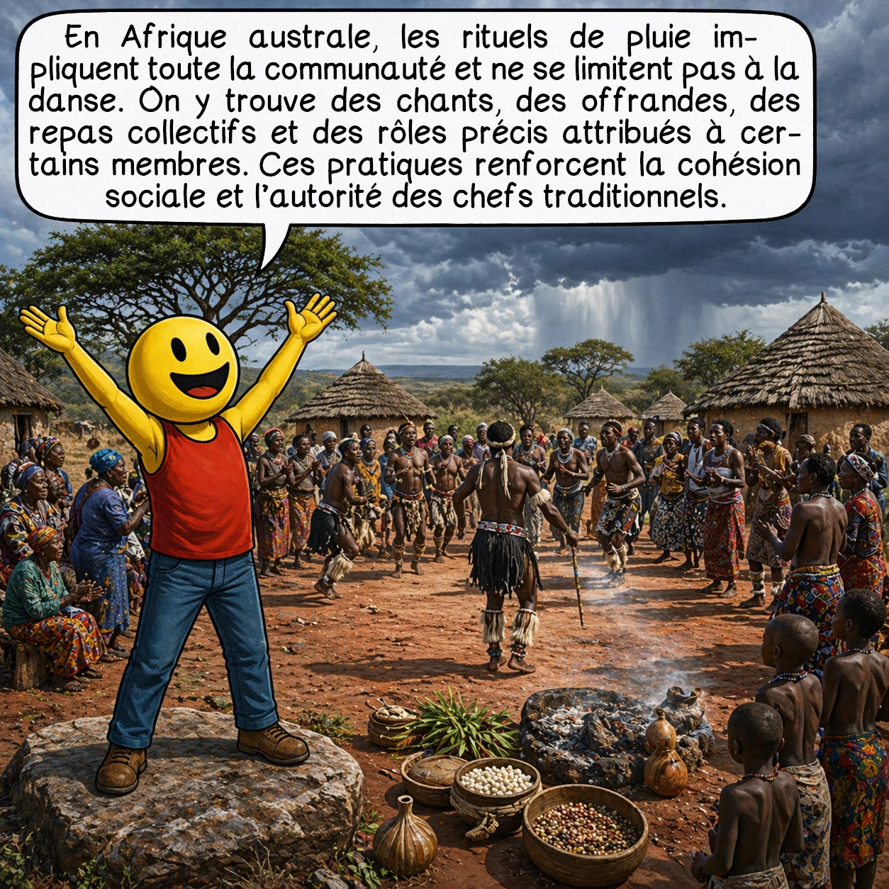 La danse de la pluie, case 3 : En Afrique australe, les rituels de pluie impliquent toute la communauté et ne se limitent pas à la danse. On y trouve des chants, des offrandes, des repas collectifs et des rôles précis attribués à certains membres. Ces pratiques renforcent la cohésion sociale et l’autorité des chefs traditionnels.