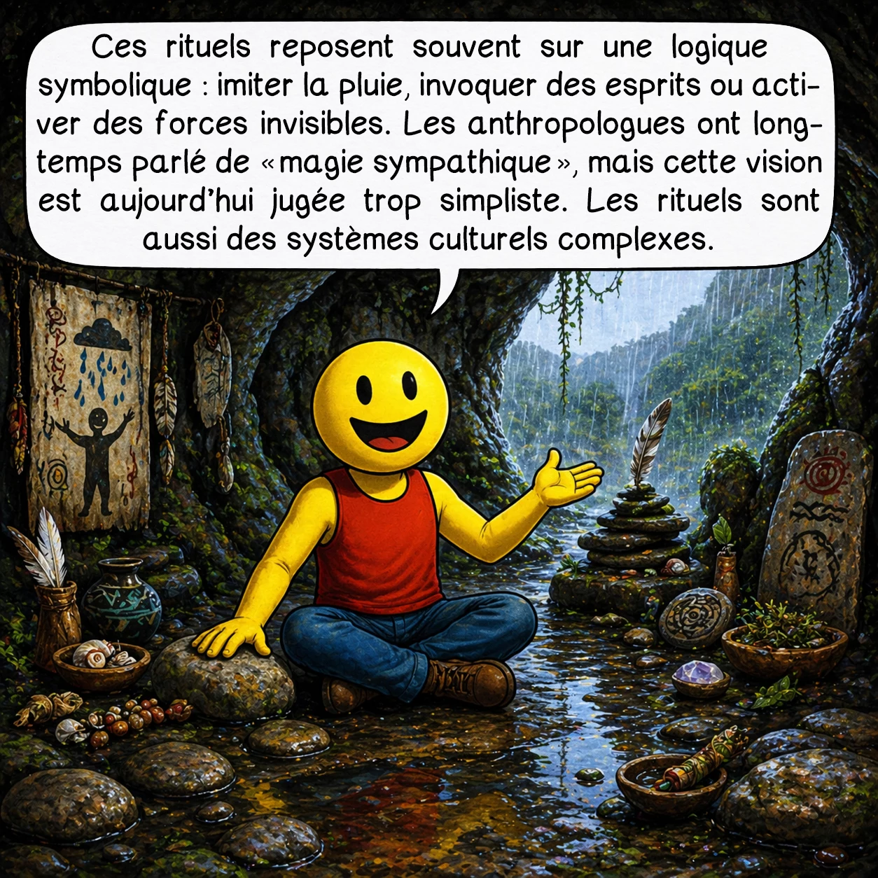 La danse de la pluie, case 4 : Ces rituels reposent souvent sur une logique symbolique : imiter la pluie, invoquer des esprits ou activer des forces invisibles. Les anthropologues ont longtemps parlé de « magie sympathique », mais cette vision est aujourd’hui jugée trop simpliste. Les rituels sont aussi des systèmes culturels complexes.