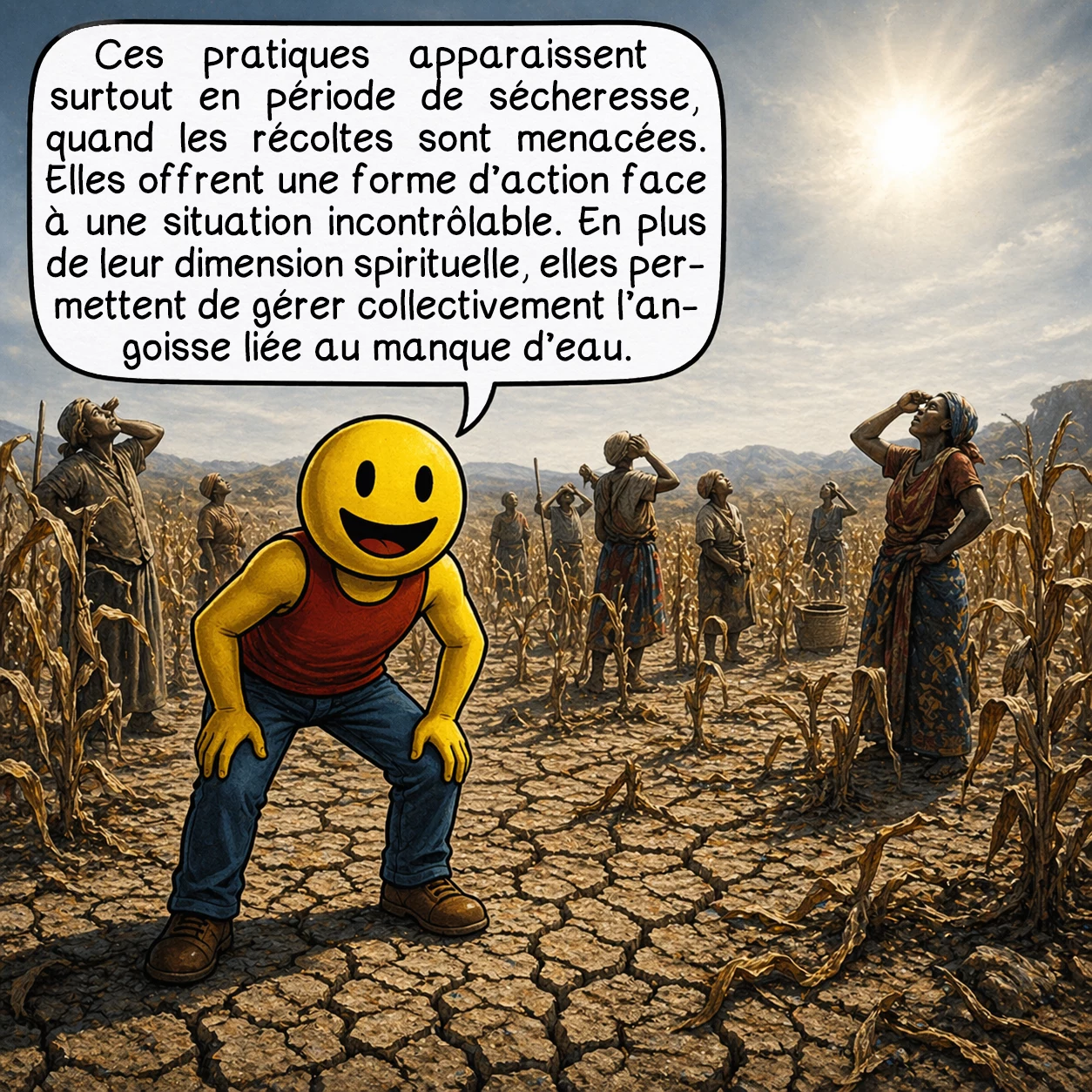 La danse de la pluie, case 5 : Ces pratiques apparaissent surtout en période de sécheresse, quand les récoltes sont menacées. Elles offrent une forme d’action face à une situation incontrôlable. En plus de leur dimension spirituelle, elles permettent de gérer collectivement l’angoisse liée au manque d’eau.