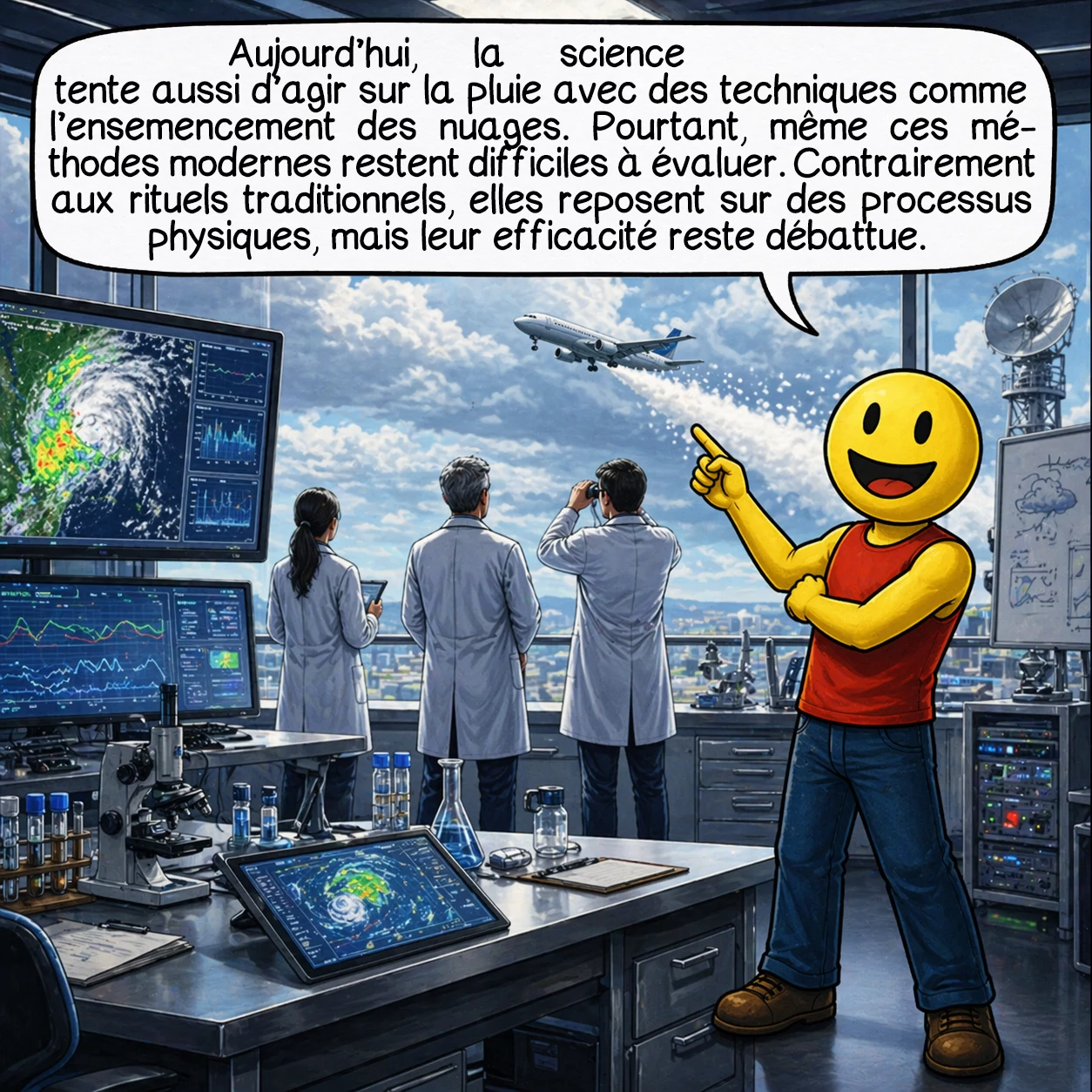 La danse de la pluie, case 6 : Aujourd’hui, la science tente aussi d’agir sur la pluie avec des techniques comme l’ensemencement des nuages. Pourtant, même ces méthodes modernes restent difficiles à évaluer. Contrairement aux rituels traditionnels, elles reposent sur des processus physiques, mais leur efficacité reste débattue.