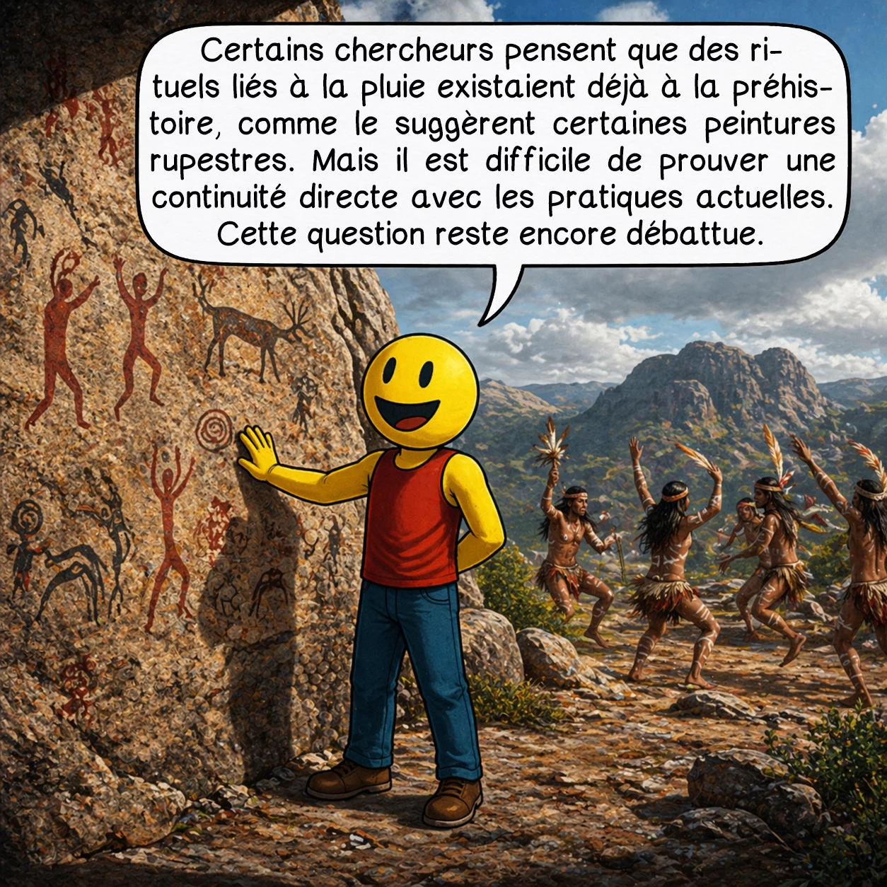 La danse de la pluie, case 7 : Certains chercheurs pensent que des rituels liés à la pluie existaient déjà à la préhistoire, comme le suggèrent certaines peintures rupestres. Mais il est difficile de prouver une continuité directe avec les pratiques actuelles. Cette question reste encore débattue.