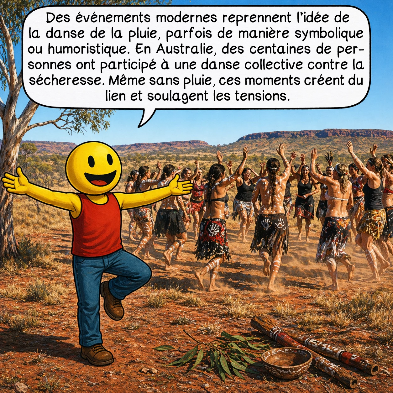 La danse de la pluie, case 8 : Des événements modernes reprennent l’idée de la danse de la pluie, parfois de manière symbolique ou humoristique. En Australie, des centaines de personnes ont participé à une danse collective contre la sécheresse. Même sans pluie, ces moments créent du lien et soulagent les tensions.