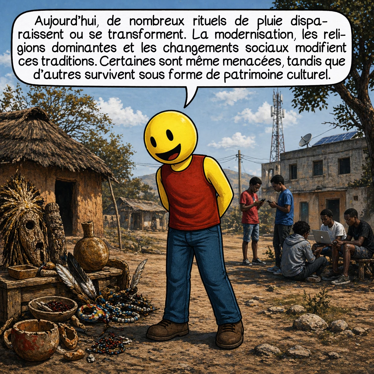 La danse de la pluie, case 9 : Aujourd’hui, de nombreux rituels de pluie disparaissent ou se transforment. La modernisation, les religions dominantes et les changements sociaux modifient ces traditions. Certaines sont même menacées, tandis que d’autres survivent sous forme de patrimoine culturel.