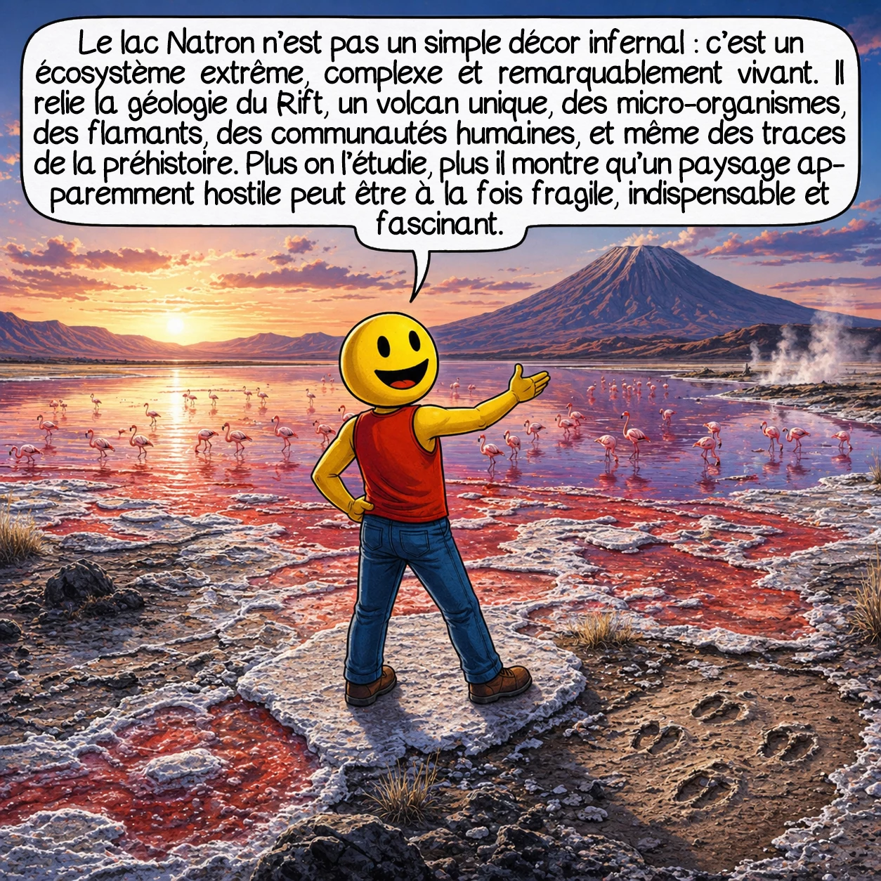 Le lac Natron, case 10 : Le lac Natron n’est ni un simple décor infernal ni un mystère insoluble : c’est un écosystème extrême, complexe et remarquablement vivant. Il relie la géologie du Rift, un volcan unique, des micro-organismes, des flamants, des communautés humaines, et même des traces de la préhistoire. Plus on l’étudie, plus il montre qu’un paysage apparemment hostile peut être à la fois fragile, indispensable et fascinant.
