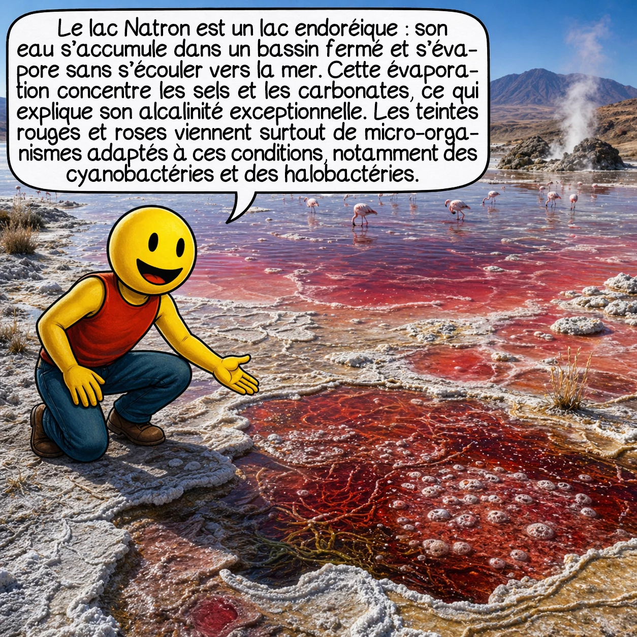 Le lac Natron, case 2 : Le lac Natron est un lac endoréique : son eau s’accumule dans un bassin fermé et s’évapore sans s’écouler vers la mer. Cette évaporation concentre les sels et les carbonates, ce qui explique son alcalinité exceptionnelle. Les teintes rouges et roses viennent surtout de micro-organismes adaptés à ces conditions, notamment des cyanobactéries et des halobactéries.