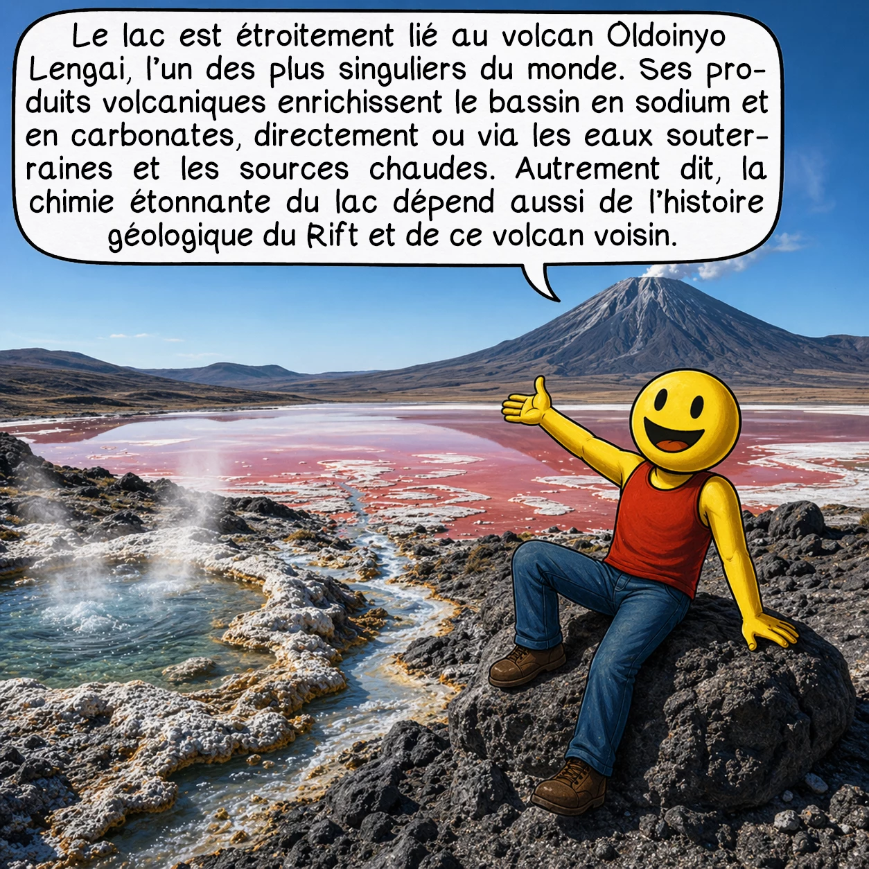 Le lac Natron, case 3 : Le lac est étroitement lié au volcan Oldoinyo Lengai, l’un des plus singuliers du monde. Ses produits volcaniques enrichissent le bassin en sodium et en carbonates, directement ou via les eaux souterraines et les sources chaudes. Autrement dit, la chimie étonnante du lac dépend aussi de l’histoire géologique du Rift et de ce volcan voisin.