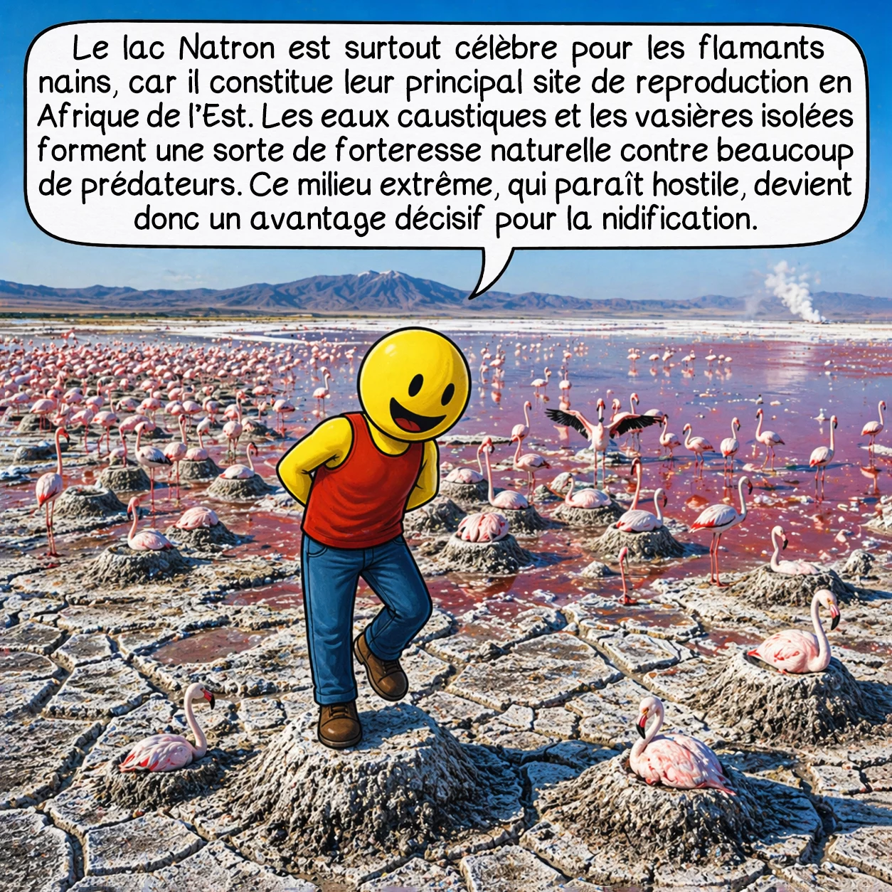 Le lac Natron, case 4 : Le lac Natron est surtout célèbre pour les flamants nains, car il constitue leur principal site de reproduction en Afrique de l’Est. Les eaux caustiques et les vasières isolées forment une sorte de forteresse naturelle contre beaucoup de prédateurs. Ce milieu extrême, qui paraît hostile, devient donc un avantage décisif pour la nidification.