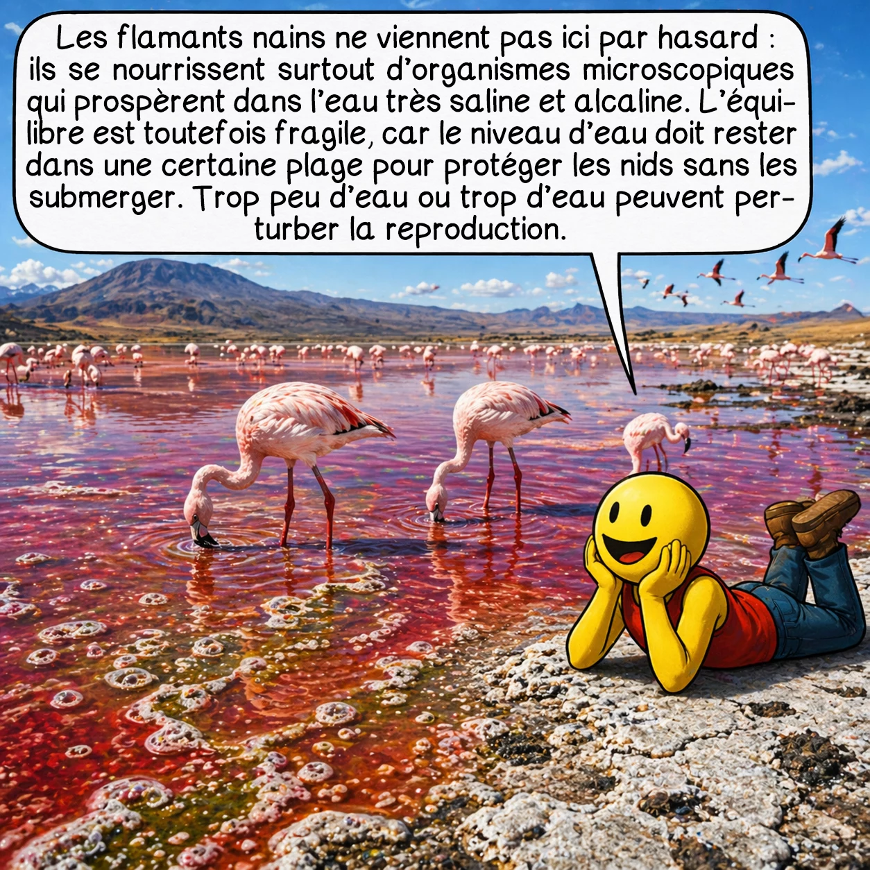 Le lac Natron, case 5 : Les flamants nains ne viennent pas ici par hasard : ils se nourrissent surtout d’organismes microscopiques qui prospèrent dans l’eau très saline et alcaline. L’équilibre est toutefois fragile, car le niveau d’eau doit rester dans une certaine plage pour protéger les nids sans les submerger. Trop peu d’eau ou trop d’eau peuvent perturber la reproduction.