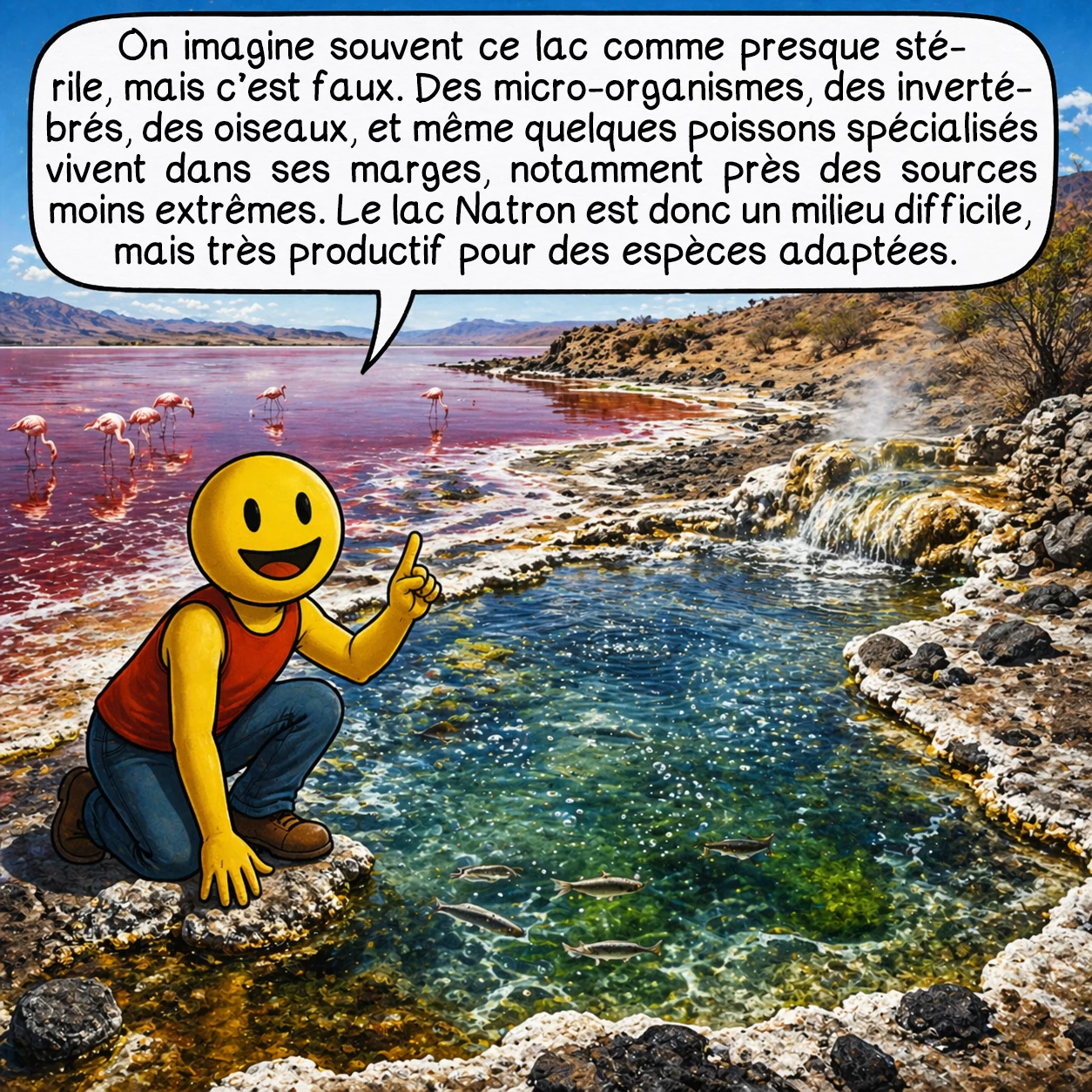 Le lac Natron, case 6 : On imagine souvent ce lac comme presque stérile, mais c’est faux. Des micro-organismes, des invertébrés, des oiseaux, et même quelques poissons spécialisés vivent dans ses marges, notamment près des sources moins extrêmes. Le lac Natron est donc un milieu difficile, mais très productif pour des espèces adaptées.
