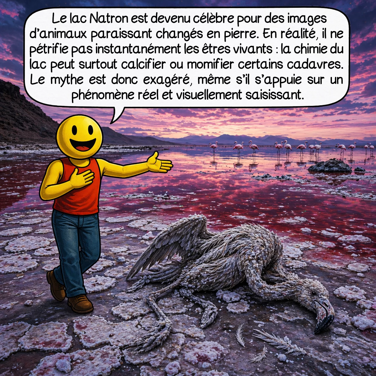 Le lac Natron, case 7 : Le lac Natron est devenu célèbre pour des images d’animaux paraissant changés en pierre. En réalité, il ne pétrifie pas instantanément les êtres vivants : la chimie du lac peut surtout calcifier ou momifier certains cadavres. Le mythe est donc exagéré, même s’il s’appuie sur un phénomène réel et visuellement saisissant.