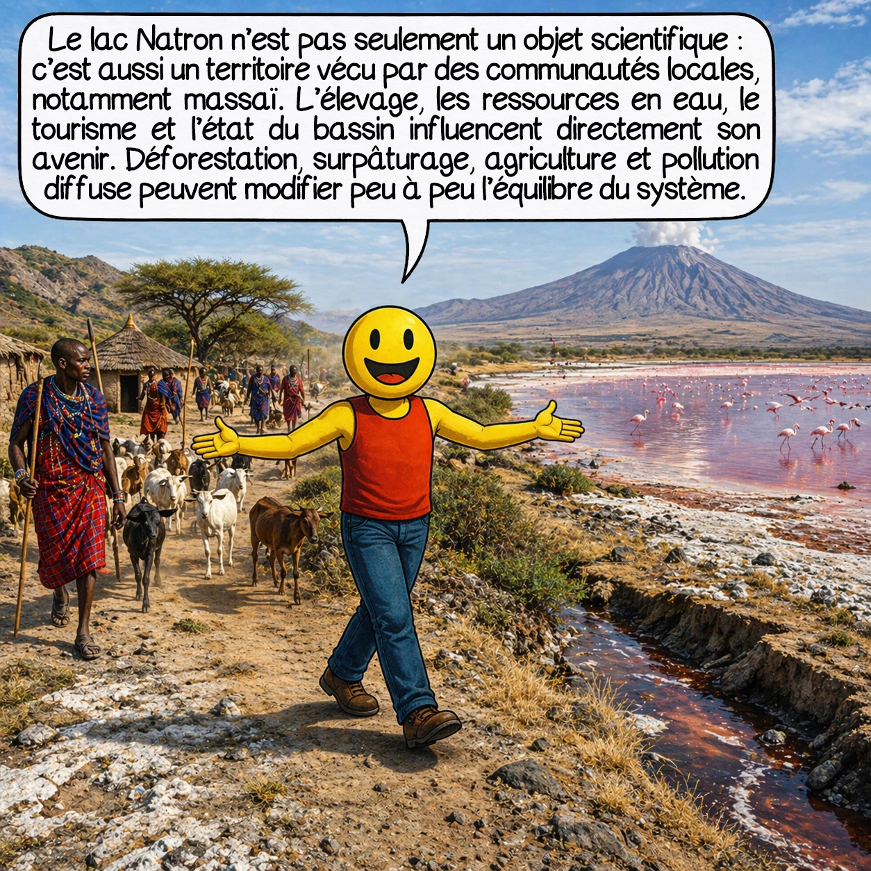 Le lac Natron, case 8 : Le lac Natron n’est pas seulement un objet scientifique : c’est aussi un territoire vécu par des communautés locales, notamment massaï. L’élevage, les ressources en eau, le tourisme et l’état du bassin versant influencent directement son avenir. Déforestation, surpâturage, agriculture et pollution diffuse peuvent modifier peu à peu l’équilibre du système.