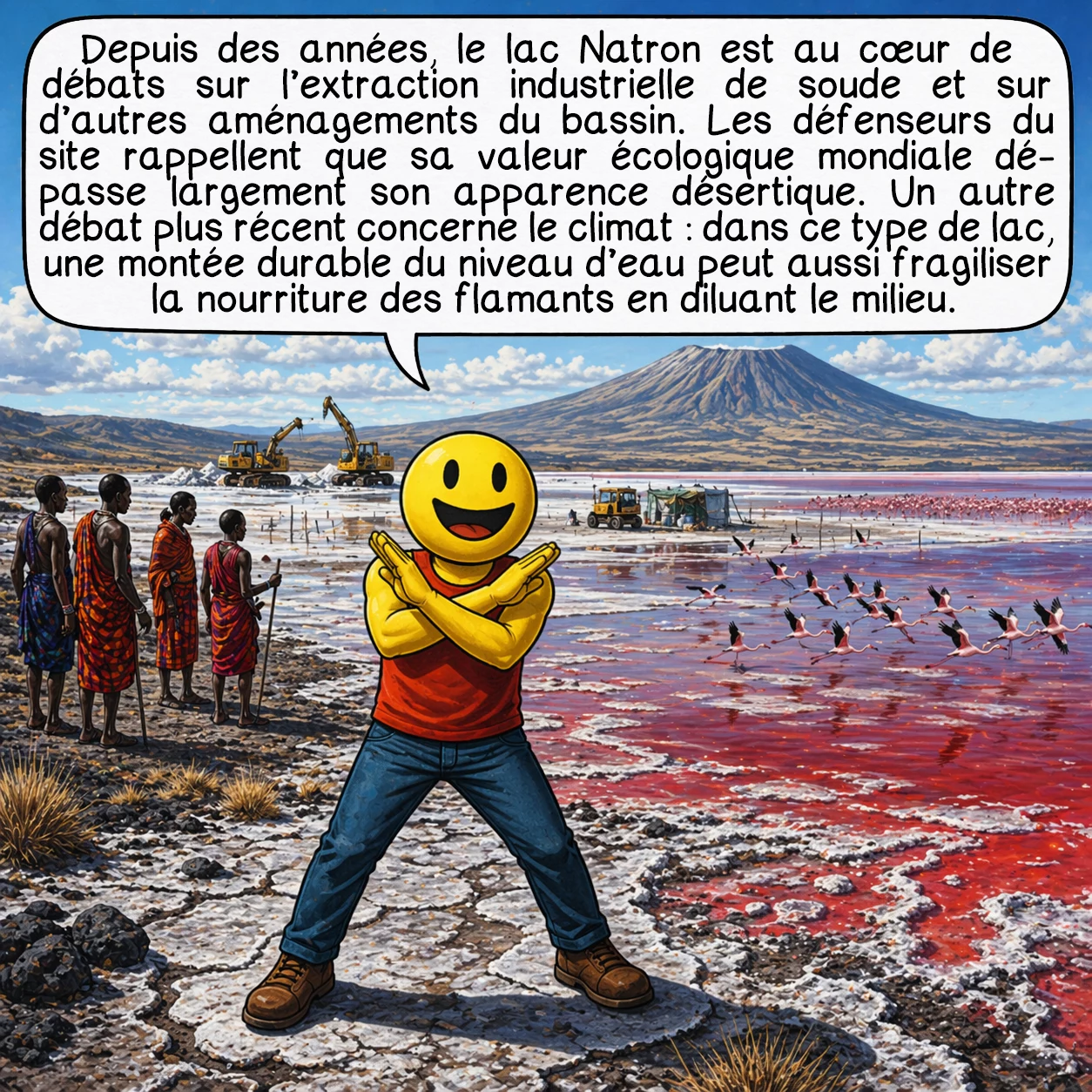 Le lac Natron, case 9 : Depuis des années, le lac Natron est au cœur de débats sur l’extraction industrielle de soude et sur d’autres aménagements du bassin. Les défenseurs du site rappellent que sa valeur écologique mondiale dépasse largement son apparence désertique. Un autre débat plus récent concerne le climat : dans ce type de lac, une montée durable du niveau d’eau peut aussi fragiliser la nourriture des flamants en diluant le milieu.