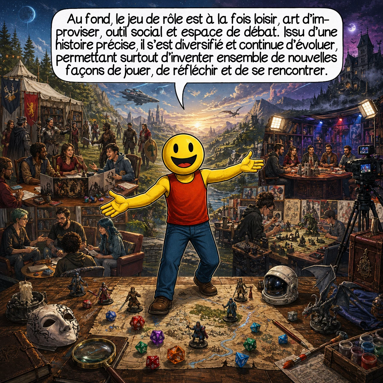 Les jeux de rôle, case 10 : Au fond, le jeu de rôle est à la fois un loisir, un art d’improviser ensemble, un outil social et un terrain de débats. Il vient d’une histoire précise, s’est diversifié en de nombreuses formes et continue d’évoluer avec son époque. Et c’est peut-être cela, le plus fascinant : il ne consiste pas seulement à raconter des mondes imaginaires, mais à inventer, ensemble, des façons de jouer, de réfléchir et de se rencontrer.