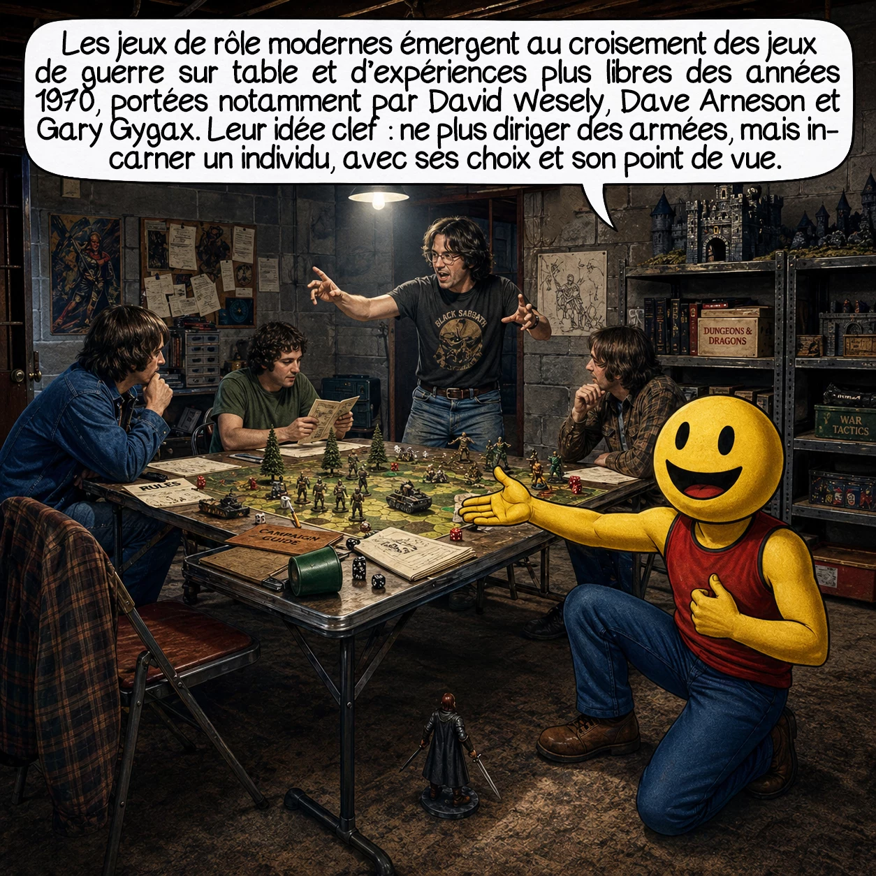 Les jeux de rôle, case 2 : Les jeux de rôle modernes naissent au croisement des jeux de guerre sur table et d’expériences plus libres menées au début des années 1970. Des créateurs comme David Wesely, Dave Arneson et Gary Gygax ont joué un rôle clé dans cette évolution. L’idée décisive, c’est qu’on ne dirige plus seulement des armées : on incarne un individu, avec ses choix et son point de vue.