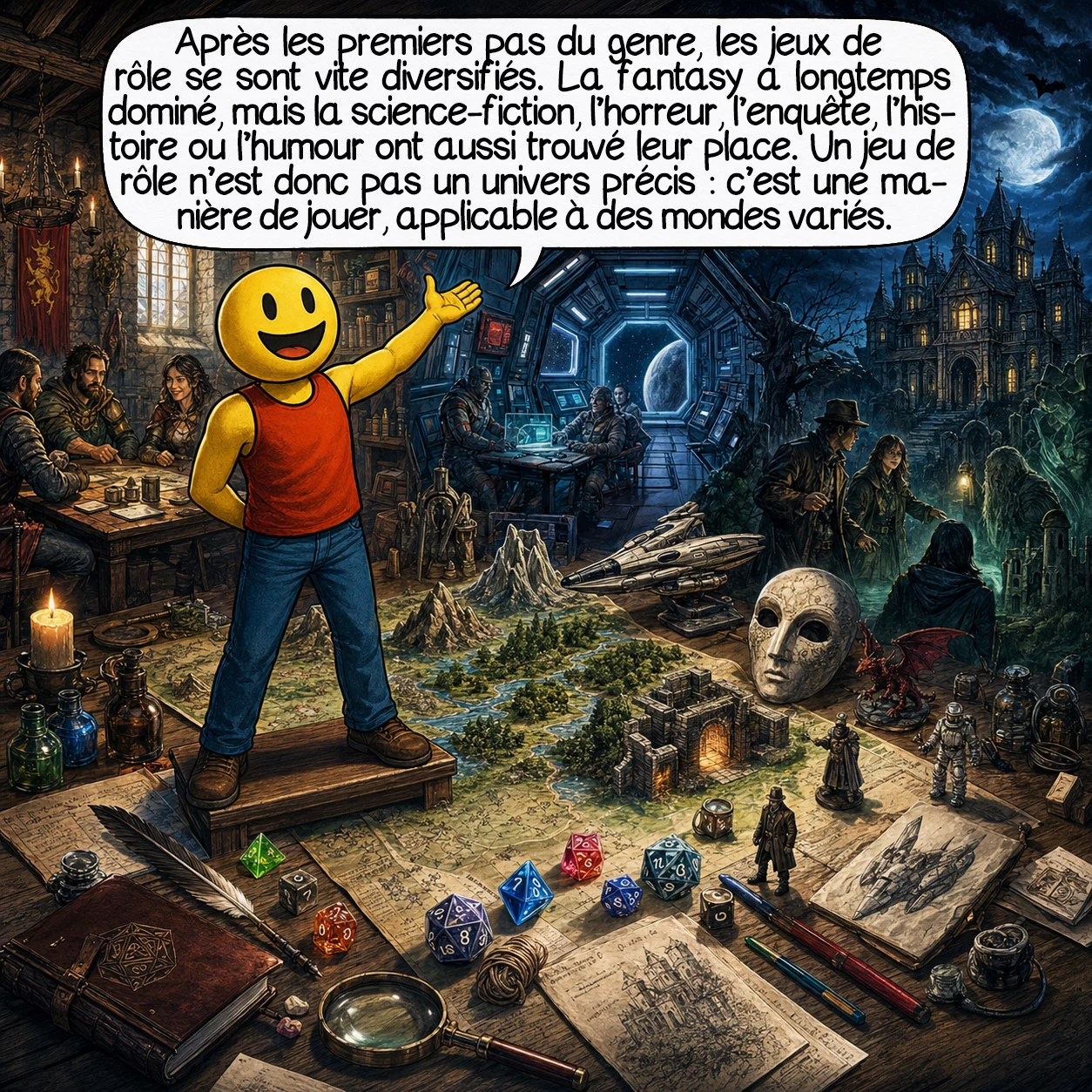 Les jeux de rôle, case 3 : Après les premiers pas du genre, les jeux de rôle se sont vite diversifiés. La fantasy a longtemps dominé, mais la science-fiction, l’horreur, l’enquête, l’histoire ou l’humour ont aussi trouvé leur place. Un jeu de rôle n’est donc pas un univers précis : c’est une manière de jouer, applicable à des mondes très différents.