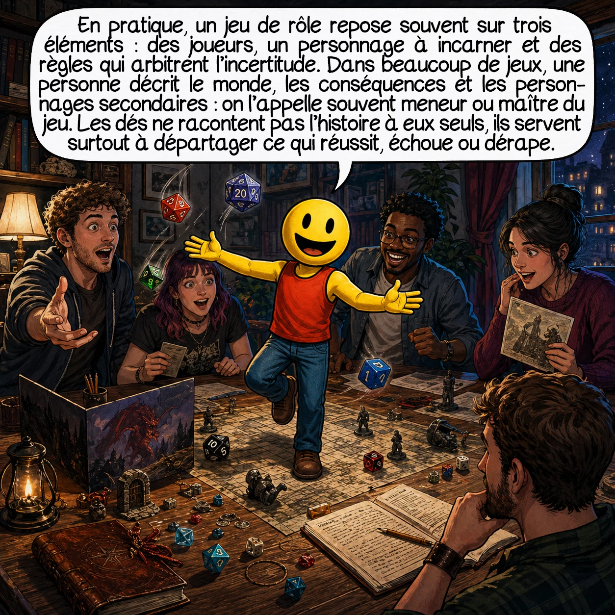 Les jeux de rôle, case 4 : En pratique, un jeu de rôle repose souvent sur trois éléments : des joueurs, un personnage à incarner et des règles qui arbitrent l’incertitude. Dans beaucoup de jeux, une personne décrit le monde, les conséquences et les personnages secondaires : on l’appelle souvent meneur ou maître du jeu. Les dés ne racontent pas l’histoire à eux seuls, ils servent surtout à départager ce qui réussit, échoue ou dérape.