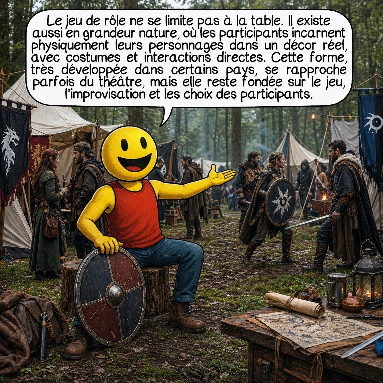 Les jeux de rôle, case 5 : Le jeu de rôle ne se limite pas à la table. Il existe aussi en grandeur nature, où les participants incarnent physiquement leurs personnages dans un décor réel, avec costumes et interactions directes. Cette forme, très développée dans certains pays, se rapproche parfois du théâtre, mais elle reste fondée sur le jeu, l’improvisation et les choix des participants.