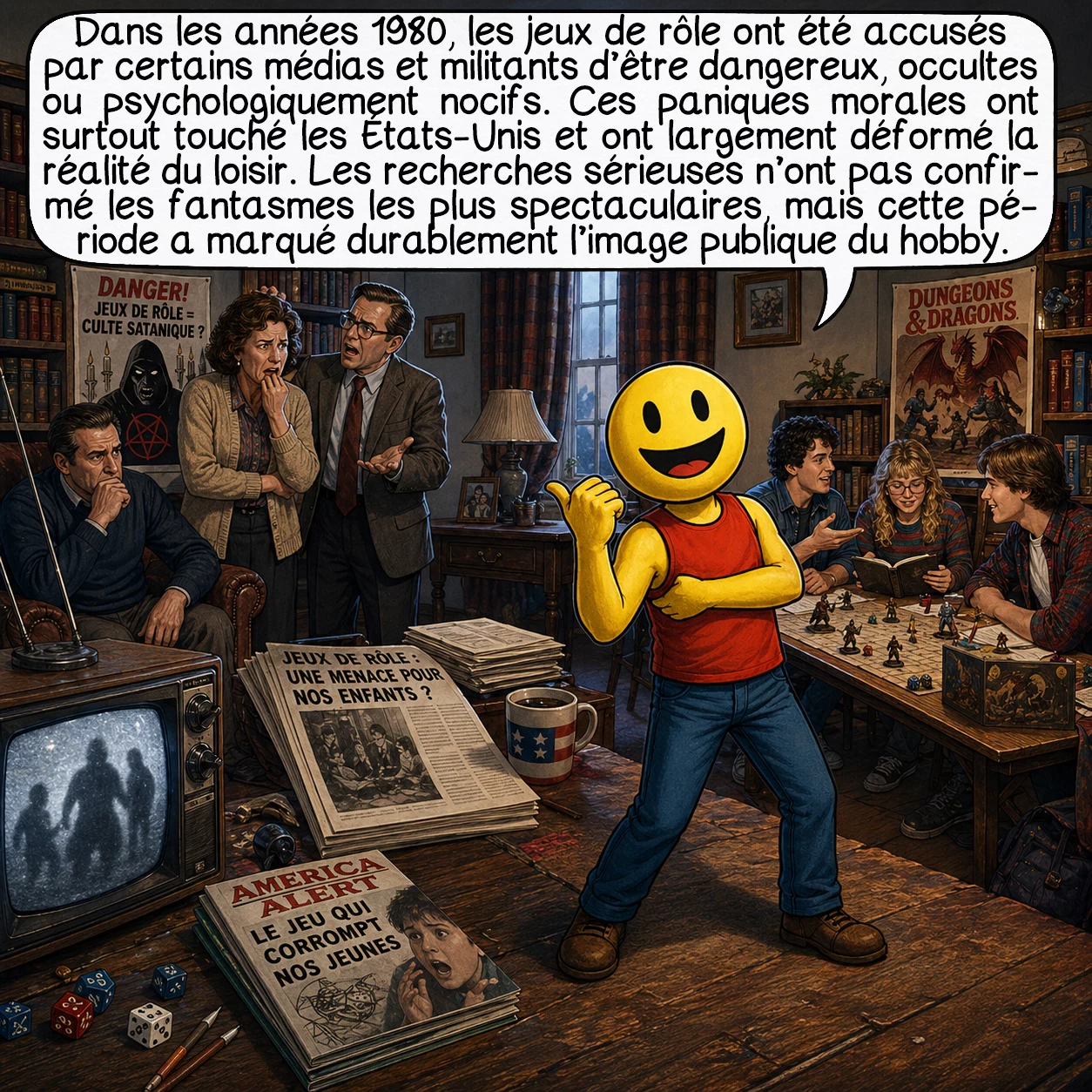 Les jeux de rôle, case 6 : Dans les années 1980, les jeux de rôle ont été accusés par certains médias et militants d’être dangereux, occultes ou psychologiquement nocifs. Ces paniques morales ont surtout touché les États-Unis et ont largement déformé la réalité du loisir. Les recherches sérieuses n’ont pas confirmé les fantasmes les plus spectaculaires, mais cette période a marqué durablement l’image publique du hobby.