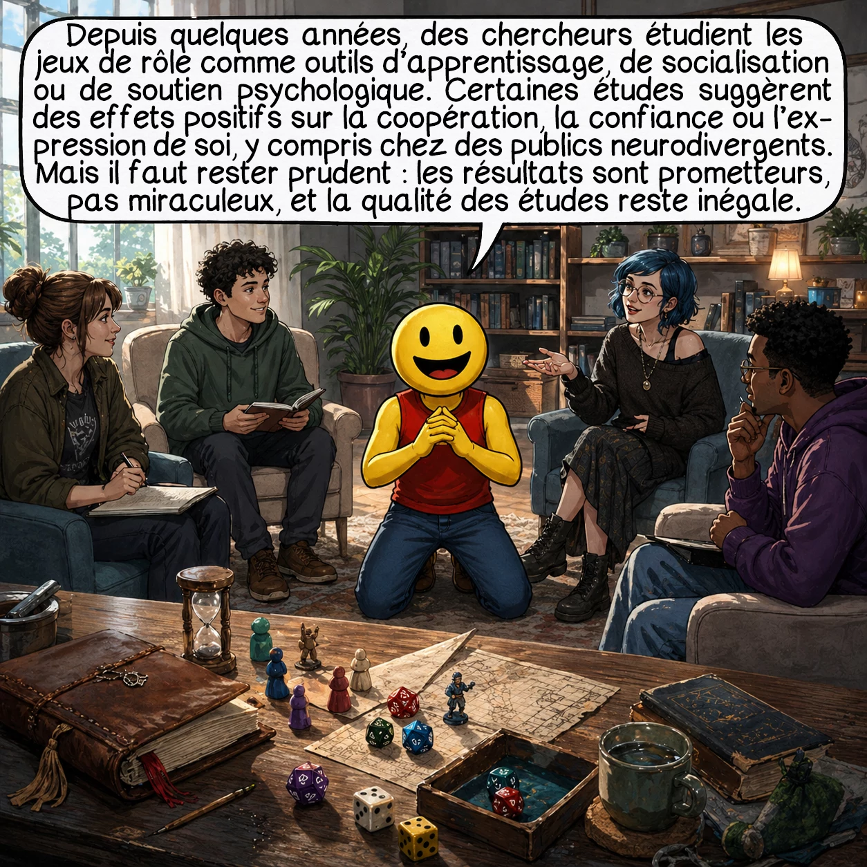 Les jeux de rôle, case 7 : Depuis quelques années, des chercheurs étudient les jeux de rôle comme outils d’apprentissage, de socialisation ou de soutien psychologique. Certaines études suggèrent des effets positifs sur la coopération, la confiance ou l’expression de soi, y compris chez des publics neurodivergents. Mais il faut rester prudent : les résultats sont prometteurs, pas miraculeux, et la qualité des études reste inégale.