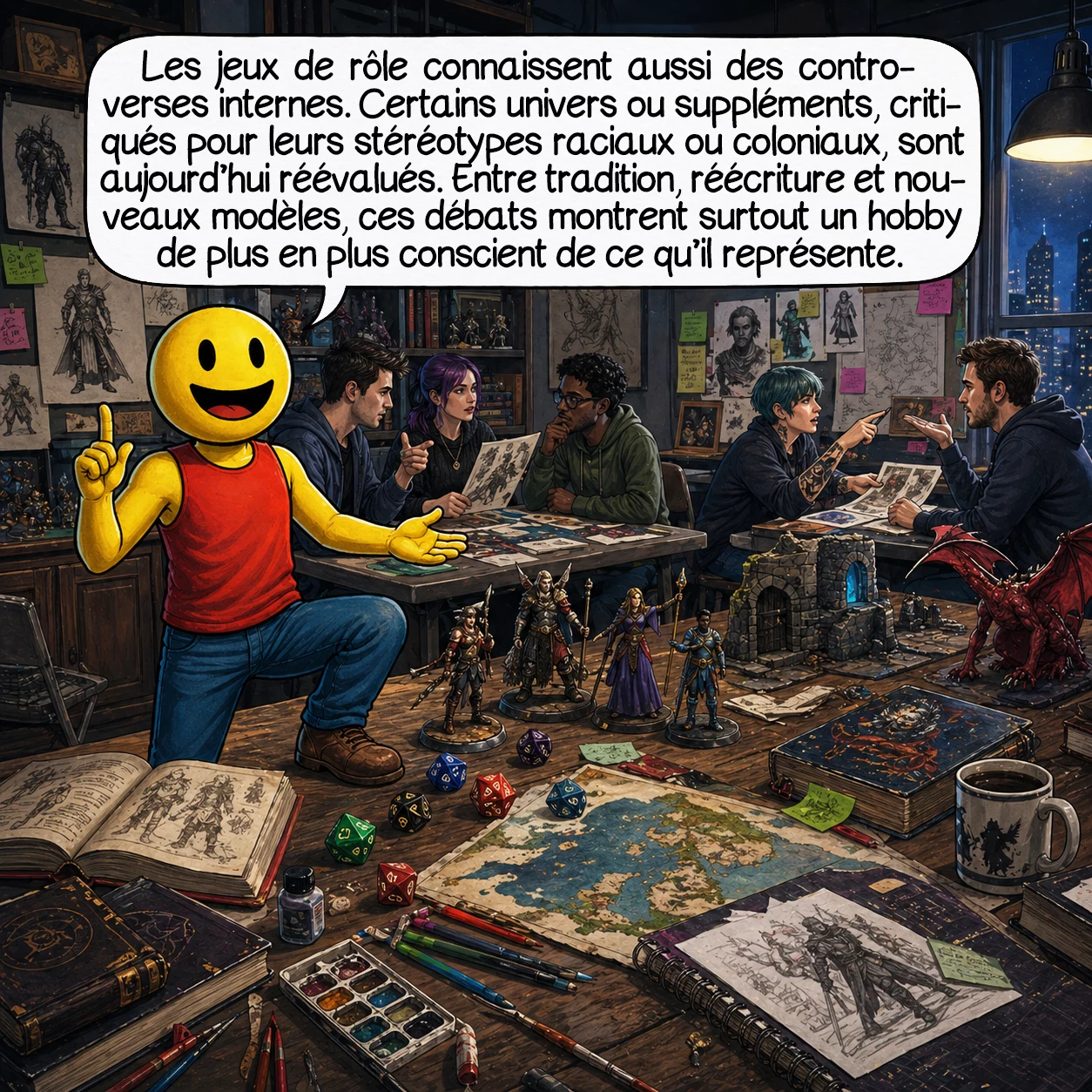Les jeux de rôle, case 8 : Les jeux de rôle ont aussi leurs controverses internes. Certains anciens univers ou suppléments ont été critiqués pour leurs stéréotypes raciaux, coloniaux ou culturalistes, et beaucoup d’auteurs cherchent aujourd’hui à corriger ces héritages. Ce débat oppose parfois tradition, réécriture et création de nouveaux modèles, mais il montre surtout que le hobby réfléchit de plus en plus à ce qu’il représente.