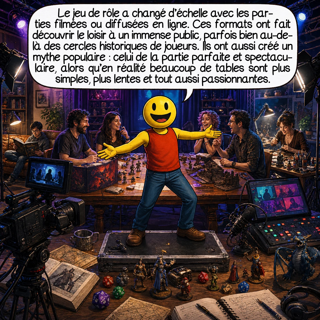 Les jeux de rôle, case 9 : Le jeu de rôle a changé d’échelle avec les parties filmées ou diffusées en ligne. Ces formats ont fait découvrir le loisir à un immense public, parfois bien au-delà des cercles historiques de joueurs. Ils ont aussi créé un mythe populaire : celui de la partie parfaite et spectaculaire, alors qu’en réalité beaucoup de tables sont plus simples, plus lentes et tout aussi passionnantes.
