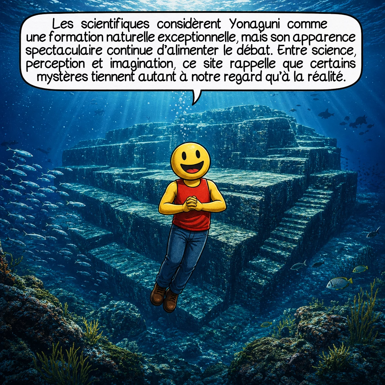 La structure sous-marine de Yonaguni, case 10 : Aujourd’hui, la majorité des scientifiques considère Yonaguni comme une formation naturelle exceptionnelle. Mais son apparence spectaculaire continue d’alimenter le débat. Entre science, perception et imagination, ce site rappelle que certains mystères tiennent autant à notre regard qu’à la réalité.