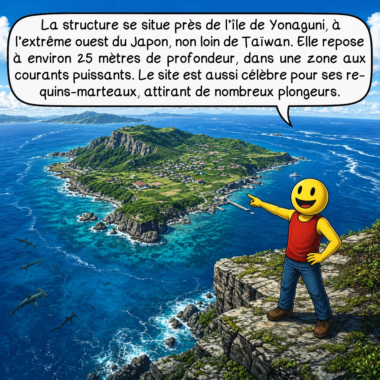 La structure sous-marine de Yonaguni, case 2 : La structure se situe près de l’île de Yonaguni, à l’extrême ouest du Japon, non loin de Taïwan. Elle repose à environ 25 mètres de profondeur, dans une zone aux courants puissants. Le site est aussi célèbre pour ses requins-marteaux, attirant de nombreux plongeurs.
