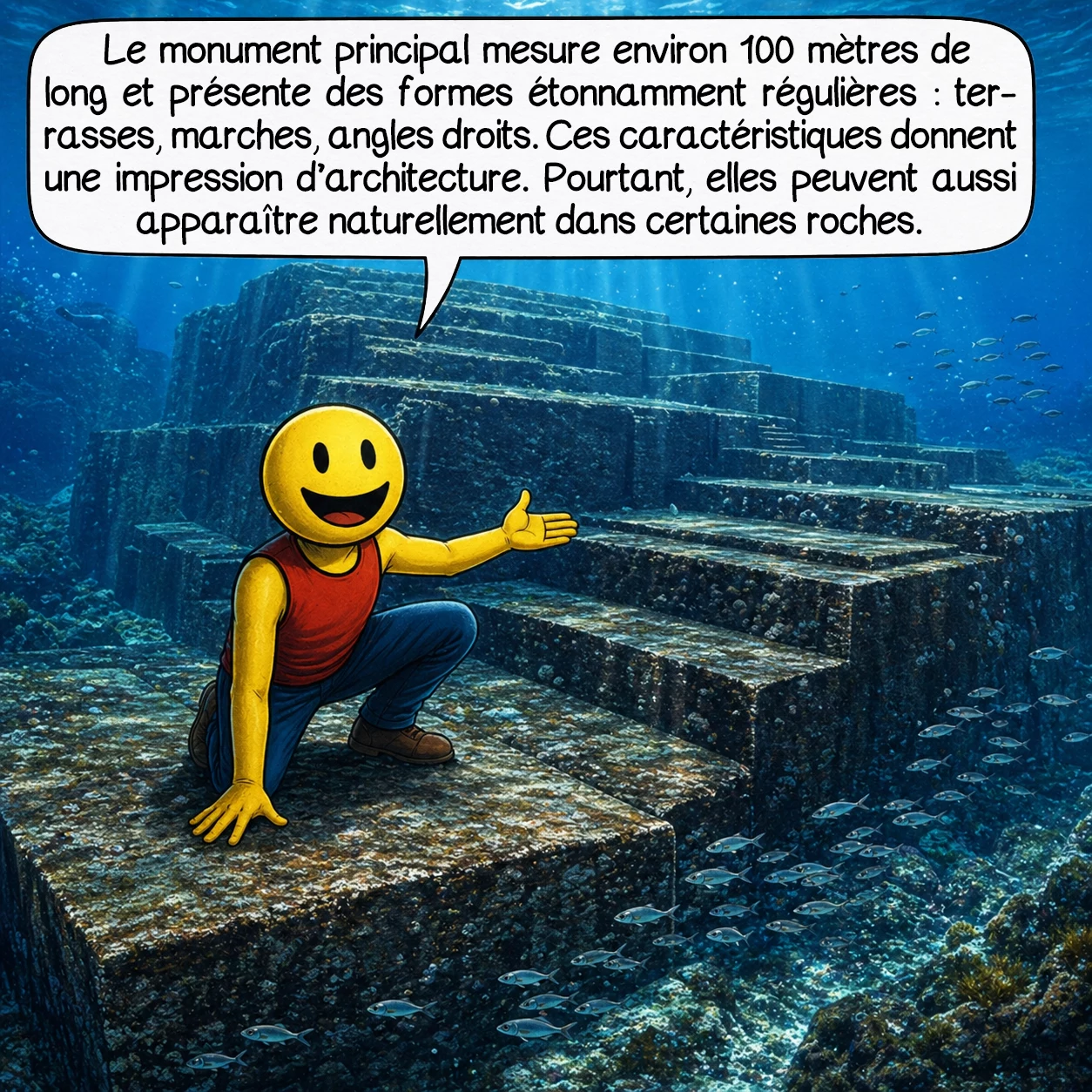 La structure sous-marine de Yonaguni, case 3 : Le monument principal mesure environ 100 mètres de long et présente des formes étonnamment régulières : terrasses, marches, angles droits. Ces caractéristiques donnent une impression d’architecture. Pourtant, elles peuvent aussi apparaître naturellement dans certaines roches.